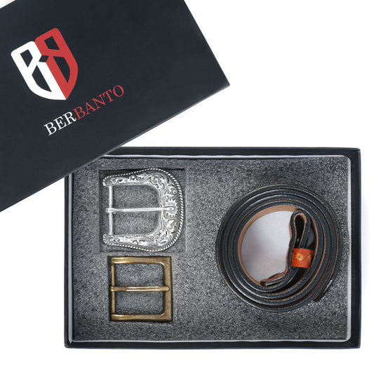 Berbanto Two Tone Tan Leather Western Belt with Western Engraved Silver Buckle + Free Antique Plain Buckle