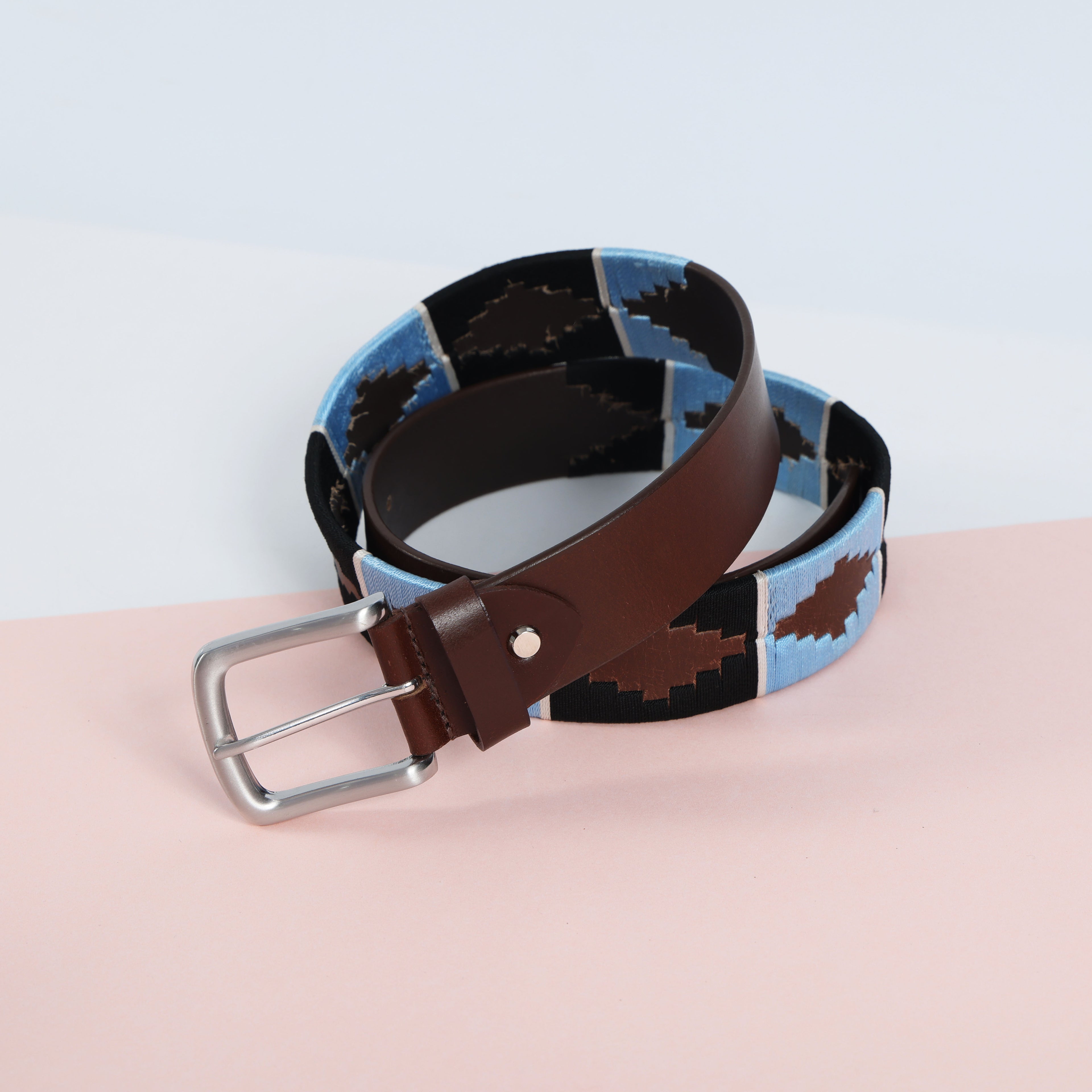 Brown Polo Leather Belt with Blue and Black Stitching & Silver Buckle