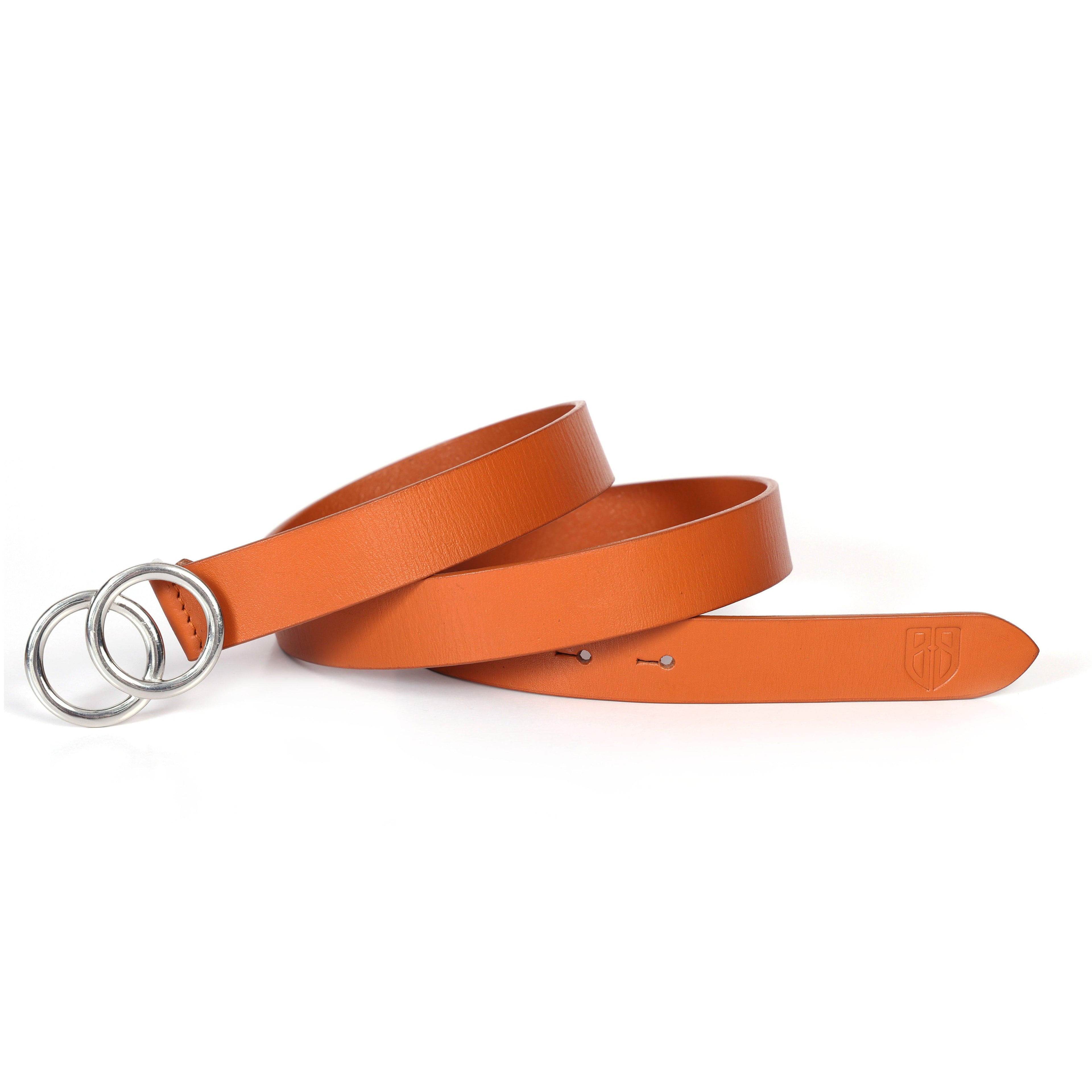 Tan Leather Belt for Women with Double Ring Silver Buckle