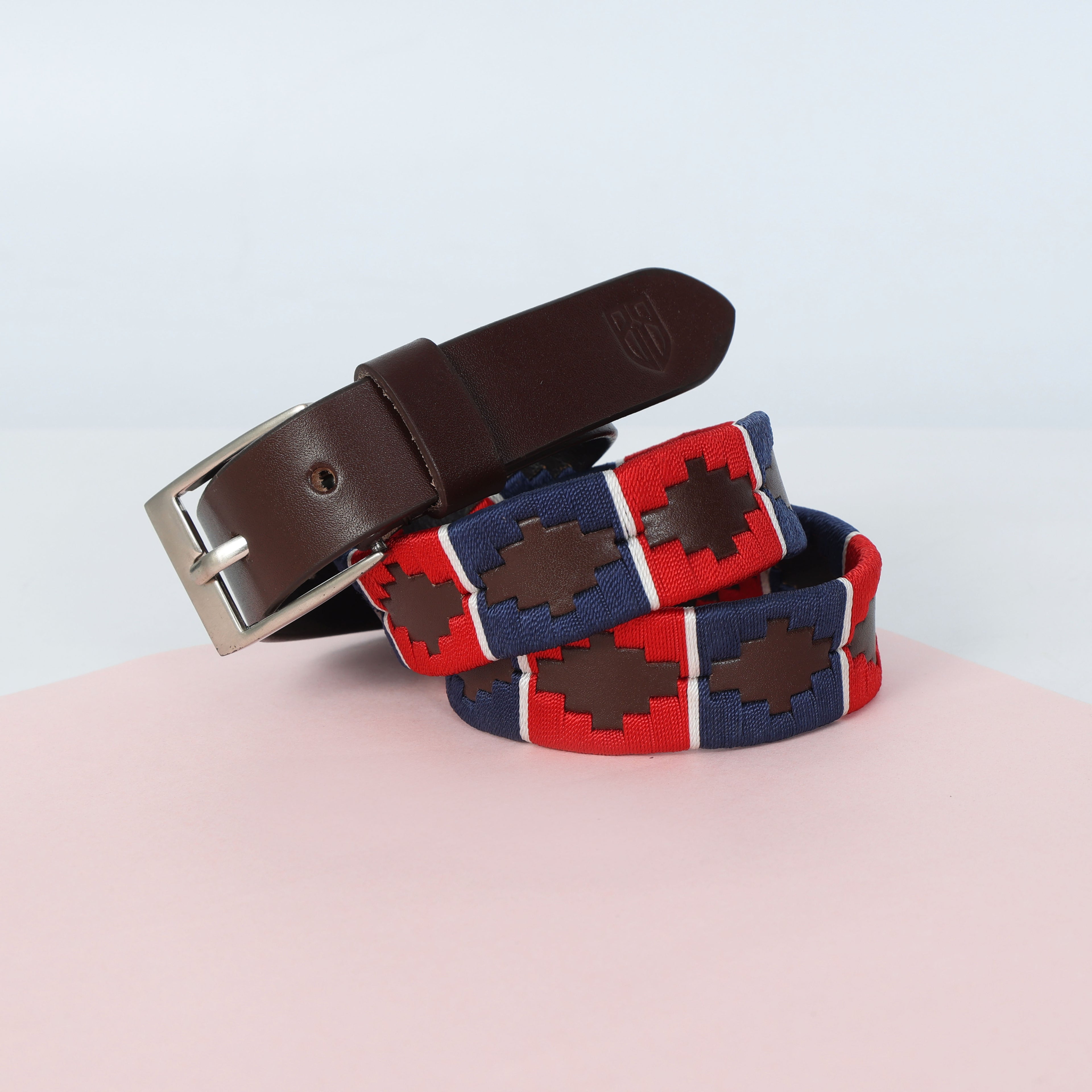 Kids Brown Leather Polo Belt – Handcrafted with Red,Navy Blue with White border Embroidery | For Boys & Girls