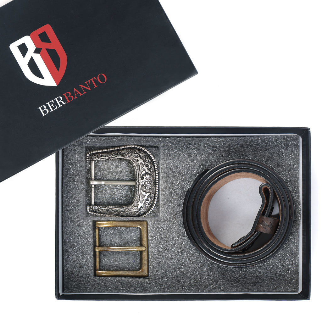 Dark Brown Leather Western Belt with Western Engraved Black Buckle + Free Antique Plain Buckle
