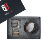 Dark Brown Leather Western Belt with Western Engraved Black Buckle + Free Antique Plain Buckle