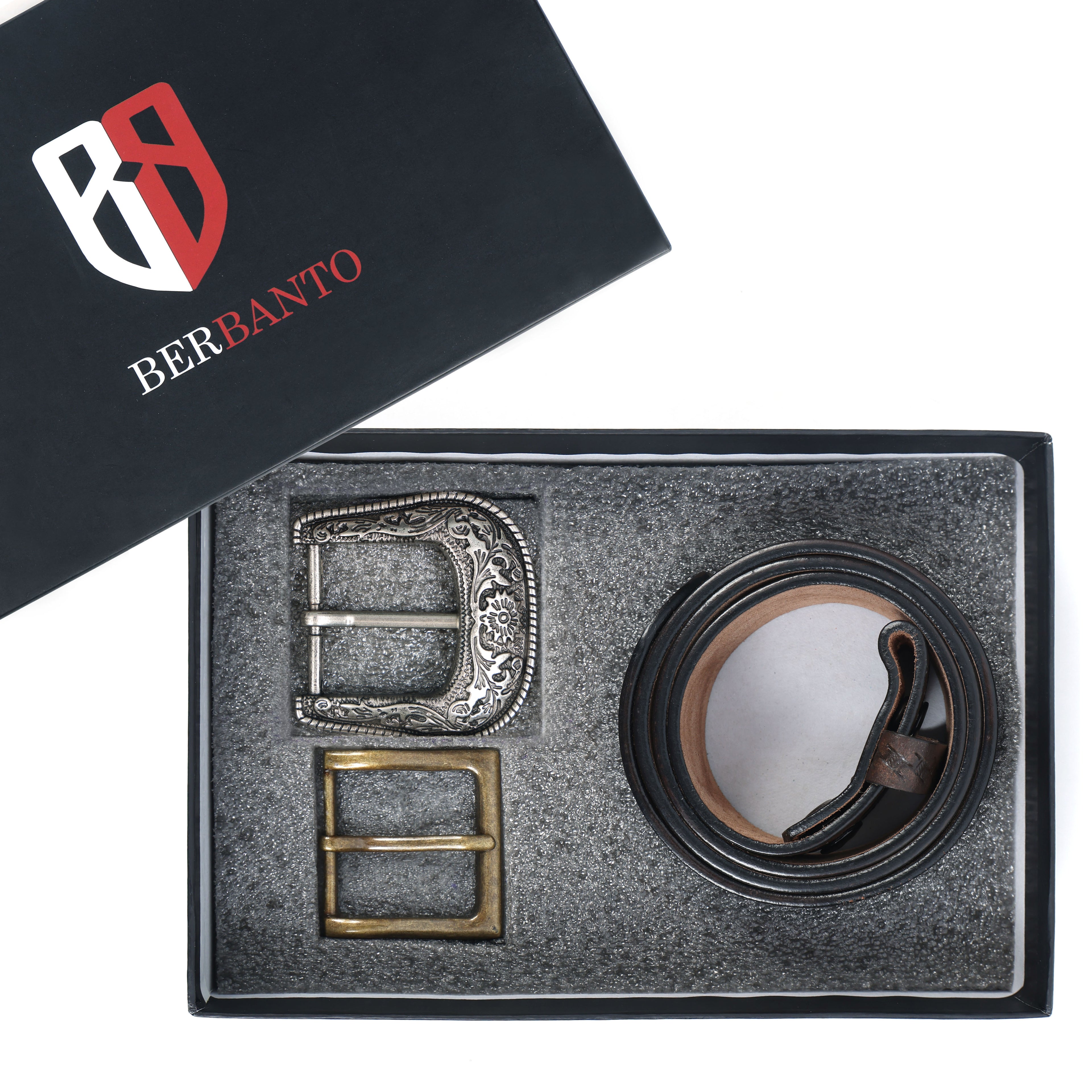 Dark Brown Leather Western Belt with Western Engraved Black Buckle + Free Antique Plain Buckle
