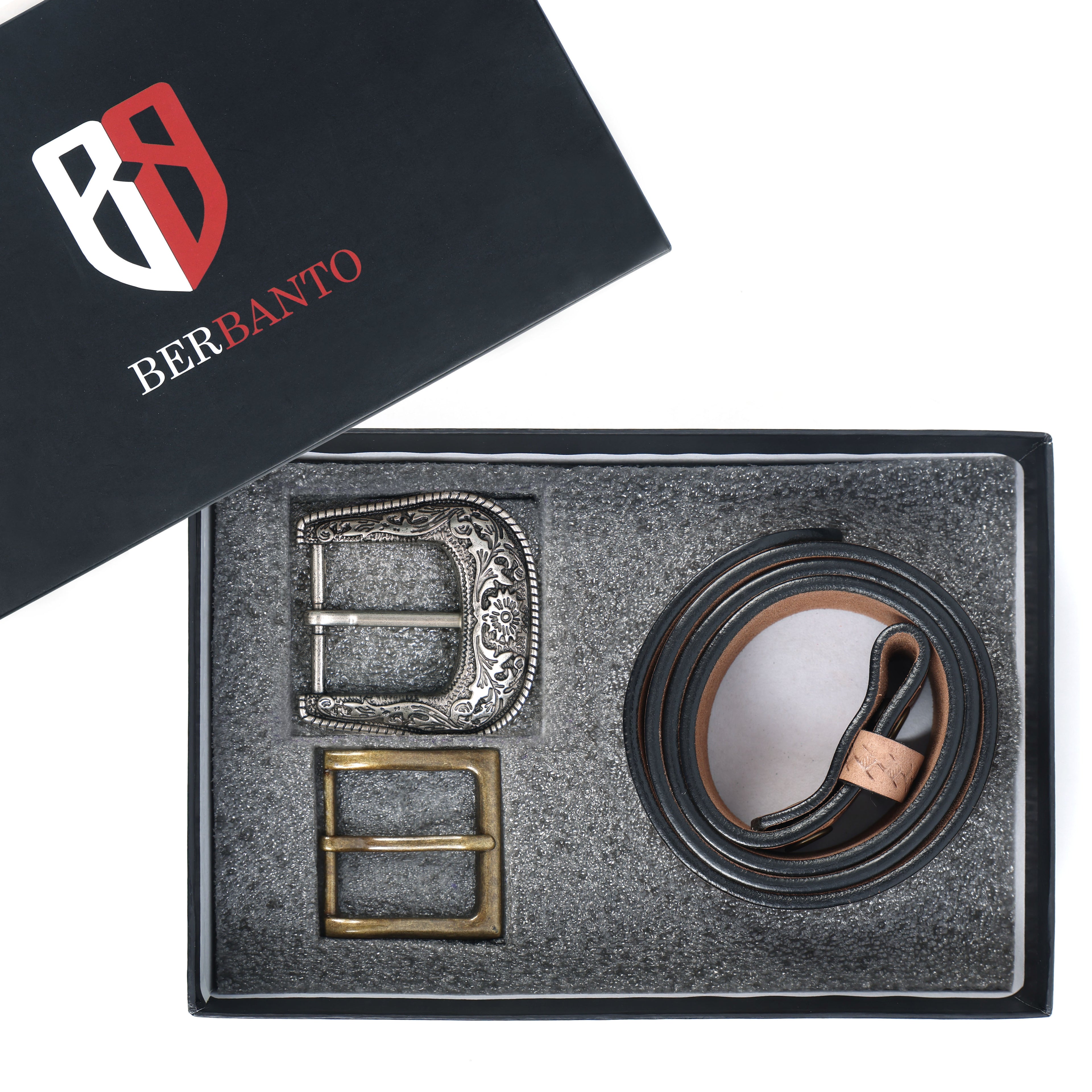 Berbanto Natural Leather Western Belt with Western Engraved Black Buckle + Free Antique Plain Buckle
