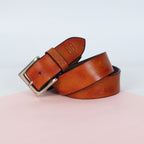 Tan Hand-Painted Leather Belt - Hammered with Silver Buckle