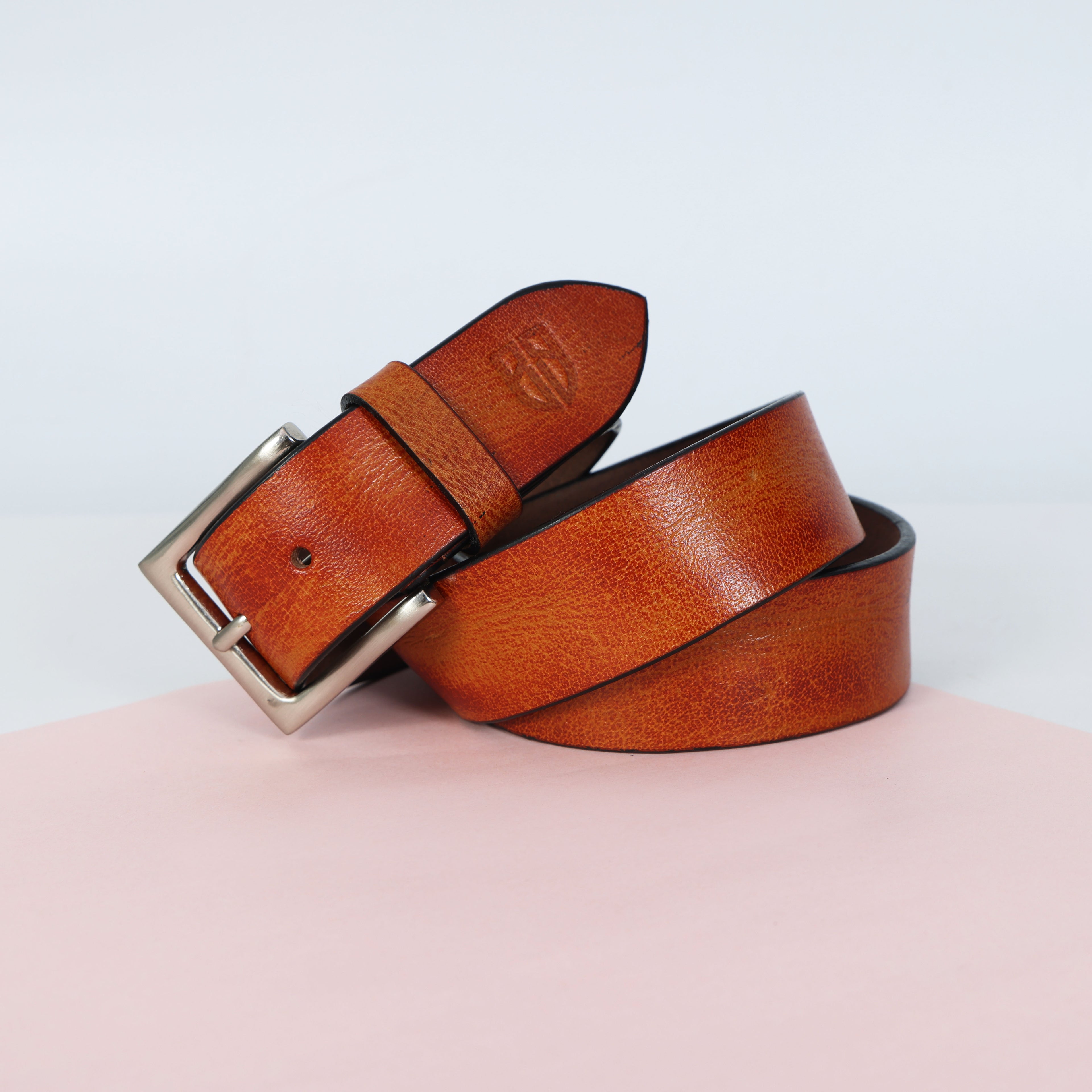 Tan Hand-Painted Leather Belt - Hammered with Silver Buckle