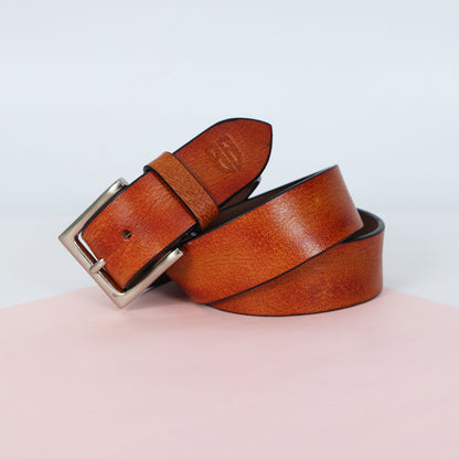 Tan Hand-Painted Leather Belt - Hammered with Silver Buckle