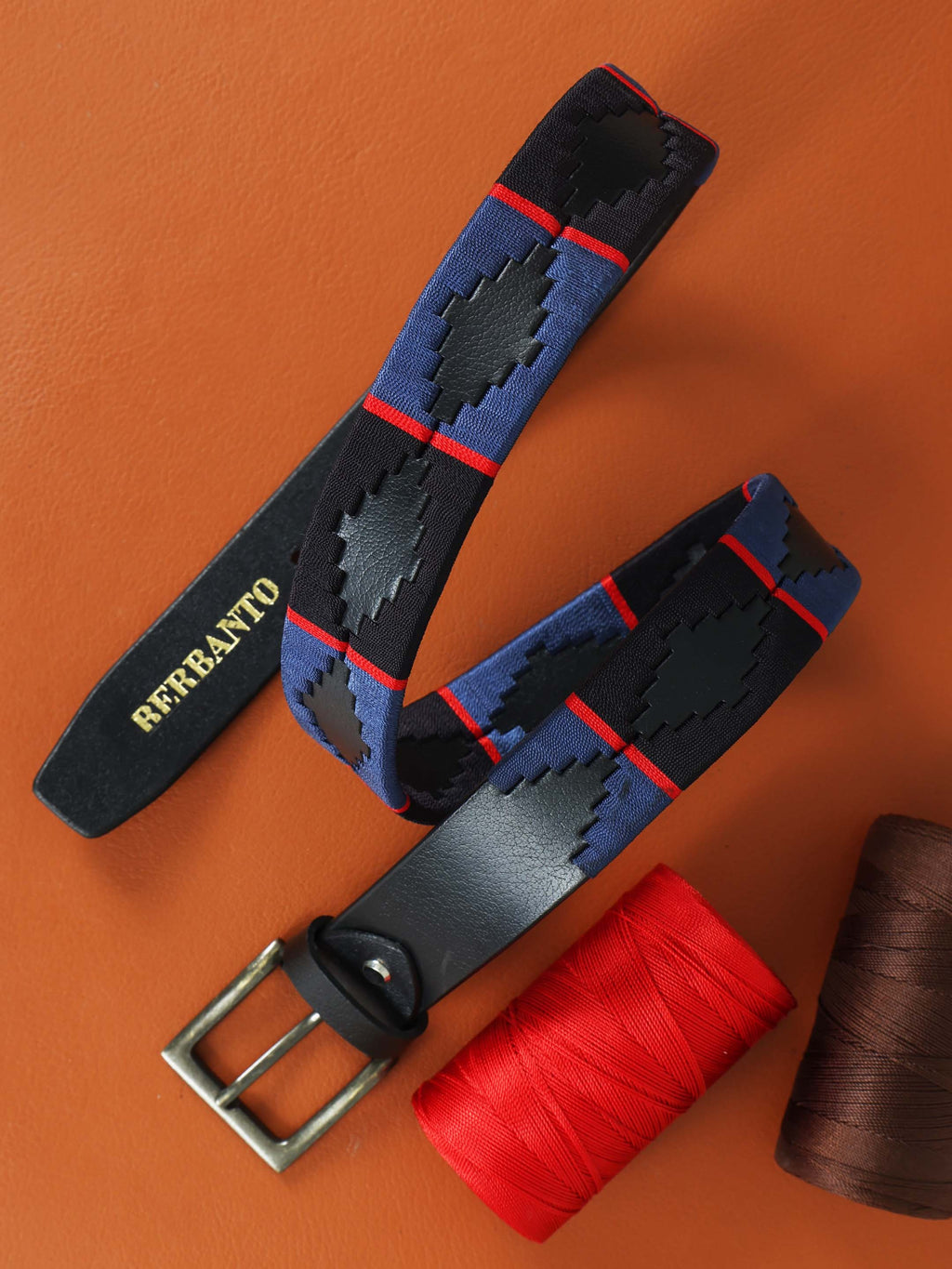Black, Navy Blue & Red Border Polo Belt – Handcrafted Full-Grain Leather with Navy Detailing