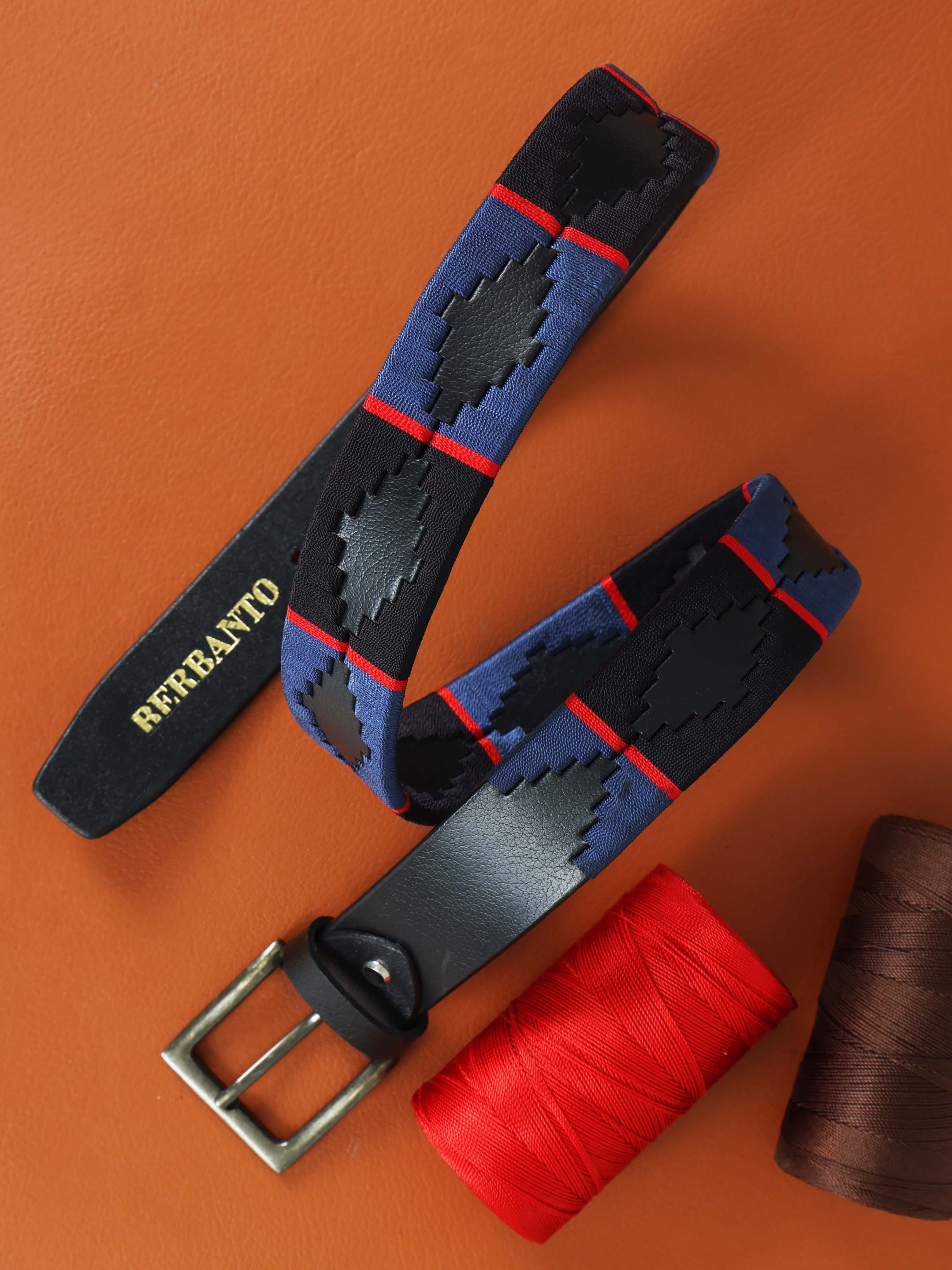 Black, Navy Blue & Red Border Polo Belt – Handcrafted Full-Grain Leather with Navy Detailing