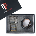 Berbanto Two Tone Brown Leather Western Belt with Western Engraved Black Buckle + Free Antique Plain Buckle