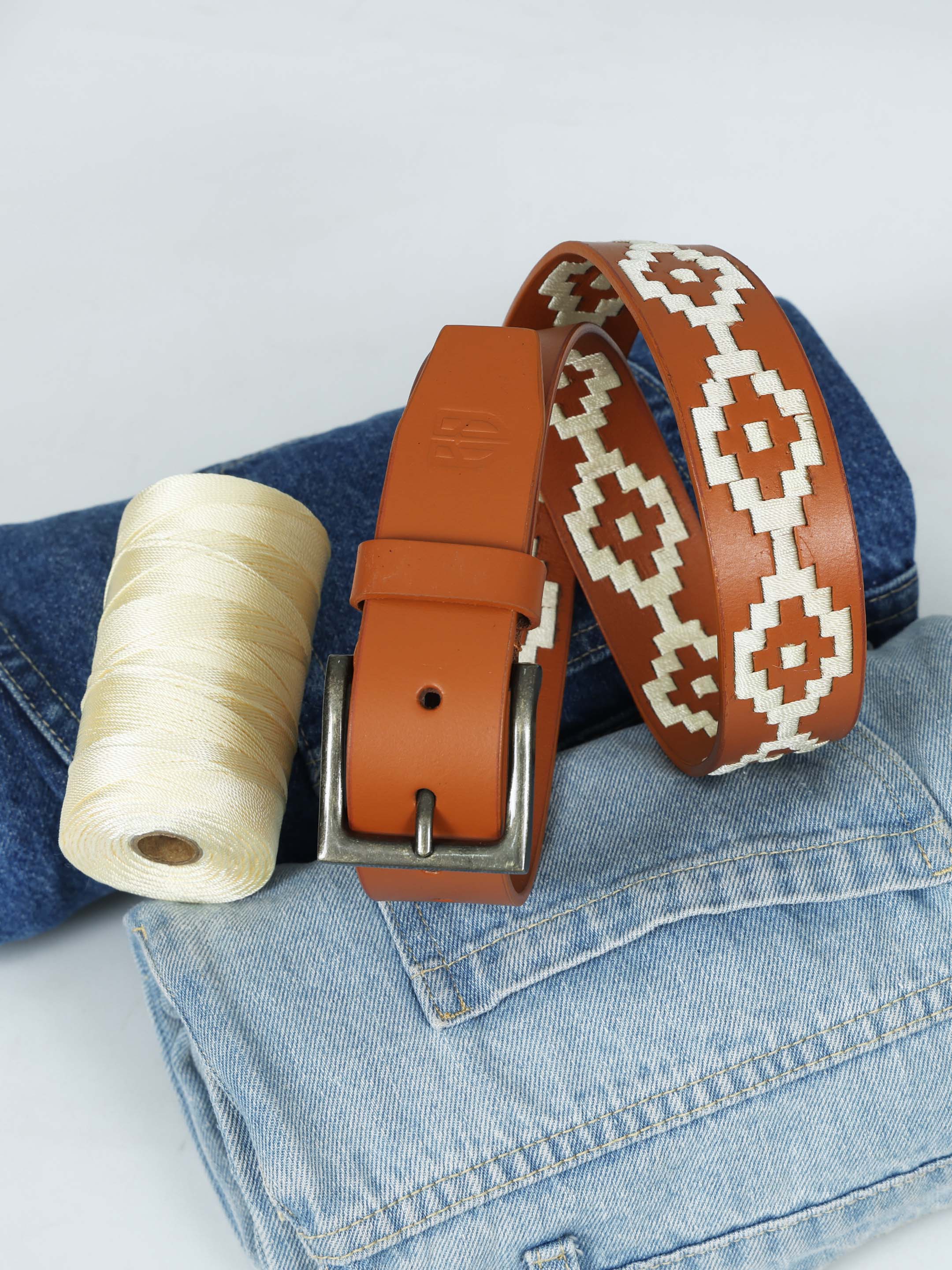 Berbanto Cream Polo Belt – Hand-Embroidered on Premium Full-Grain Tan Leather