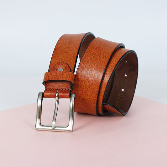 Tan Hand-Painted Leather Belt - Tree Pattern with Silver Buckle