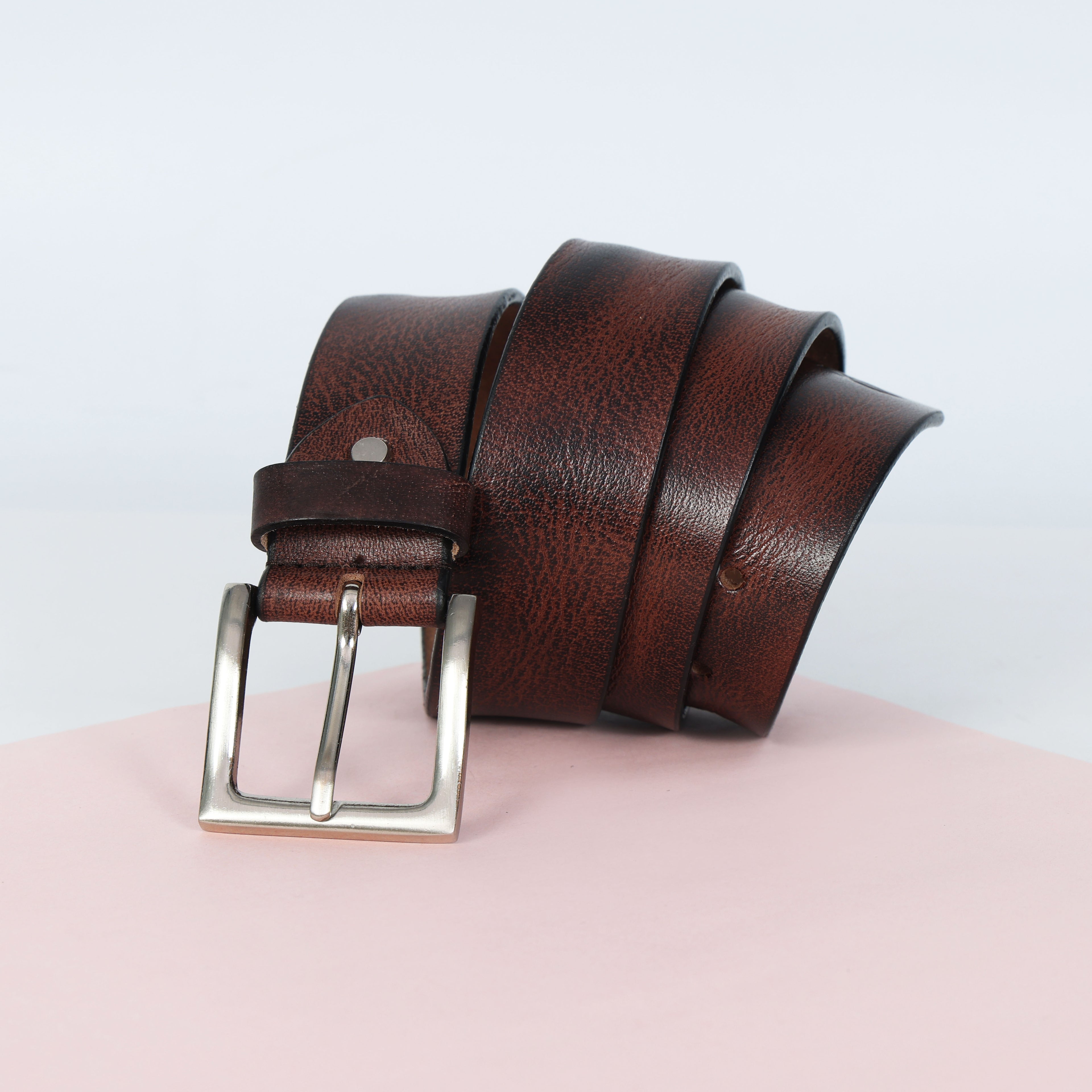 Brown Hand-Painted Leather Belt - Distressed with Silver Buckle