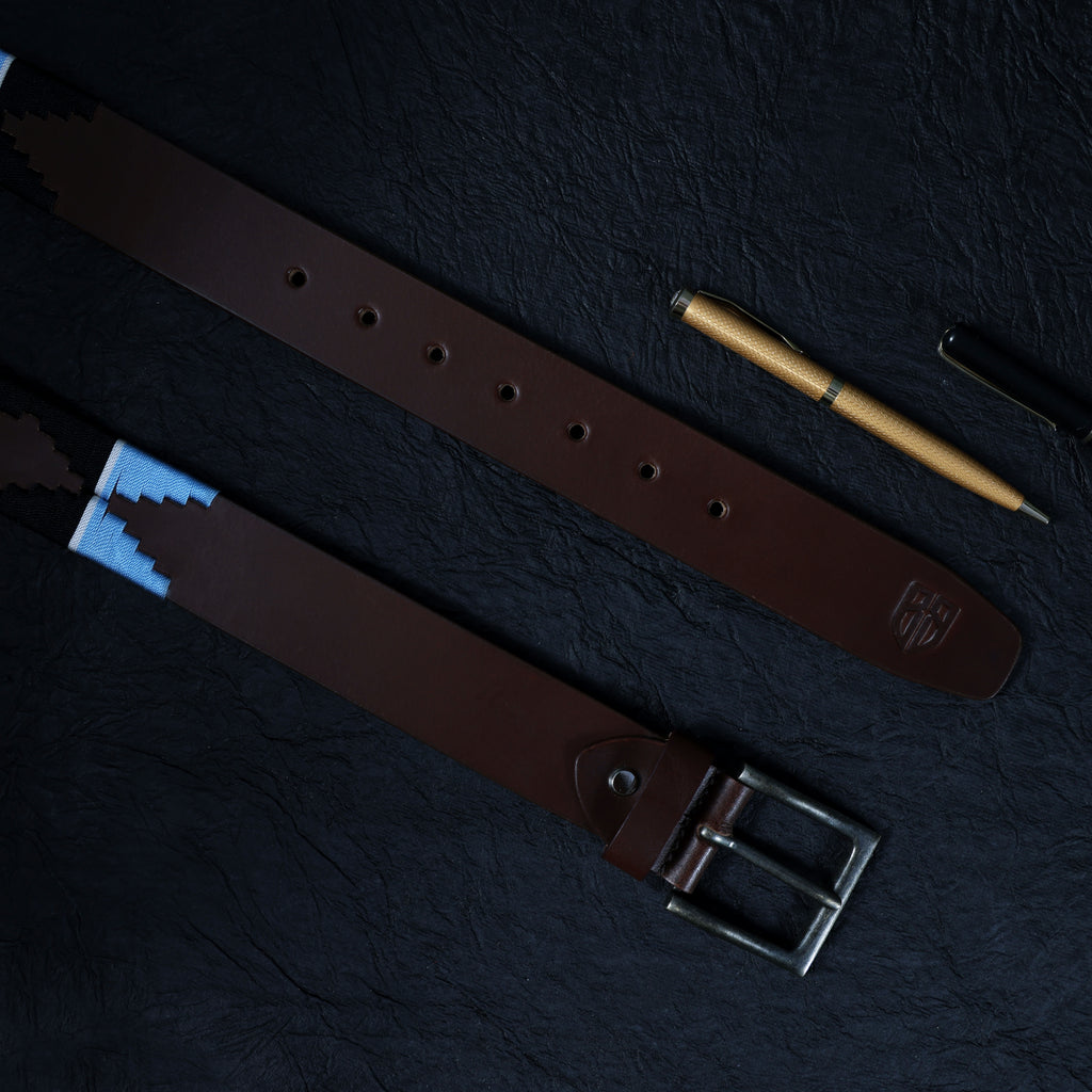 Brown Polo Leather Belt with Blue and Black Stitching & Antique Buckle