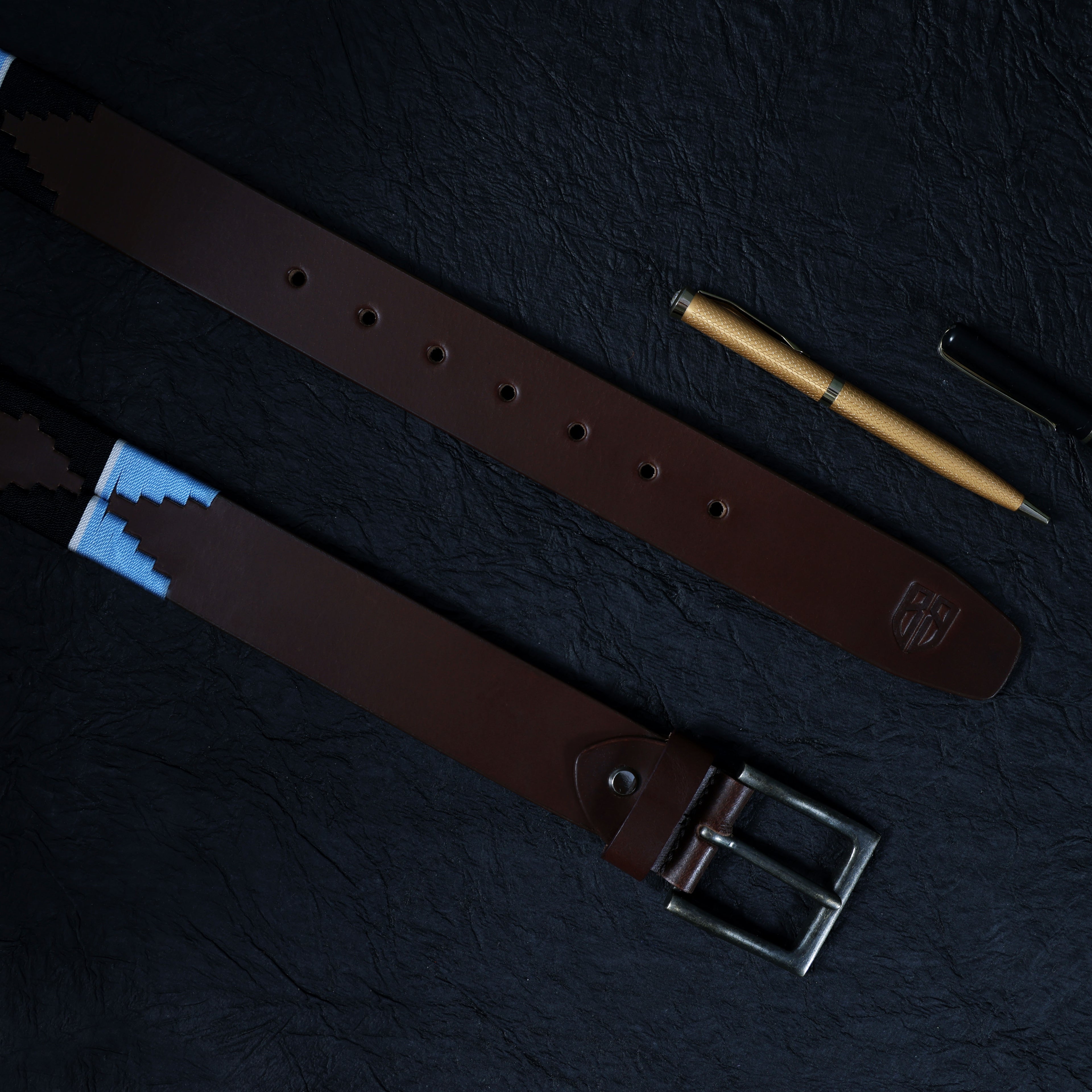 Brown Polo Leather Belt with Blue and Black Stitching & Antique Buckle