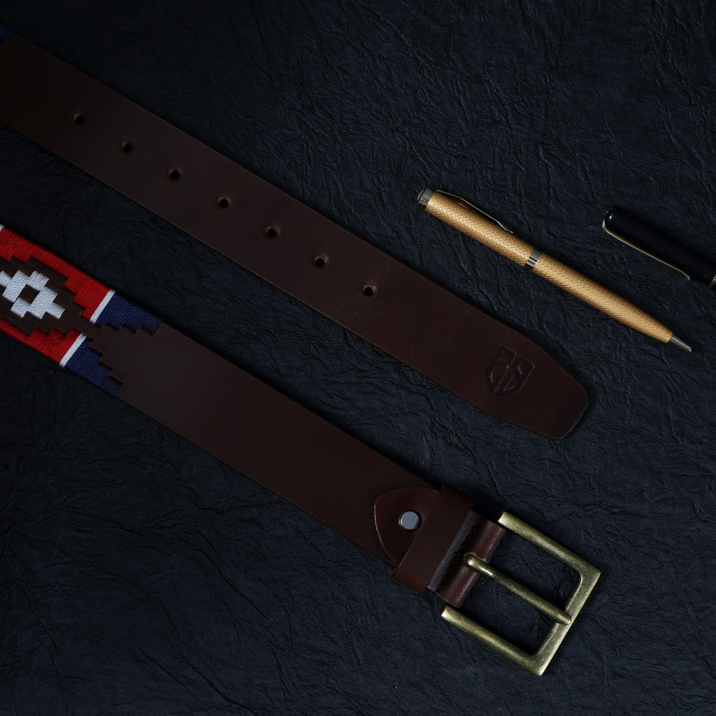 Hand-Embroidered Polo Belt – Premium Full-Grain Leather with Navy, Red, and White embroidered