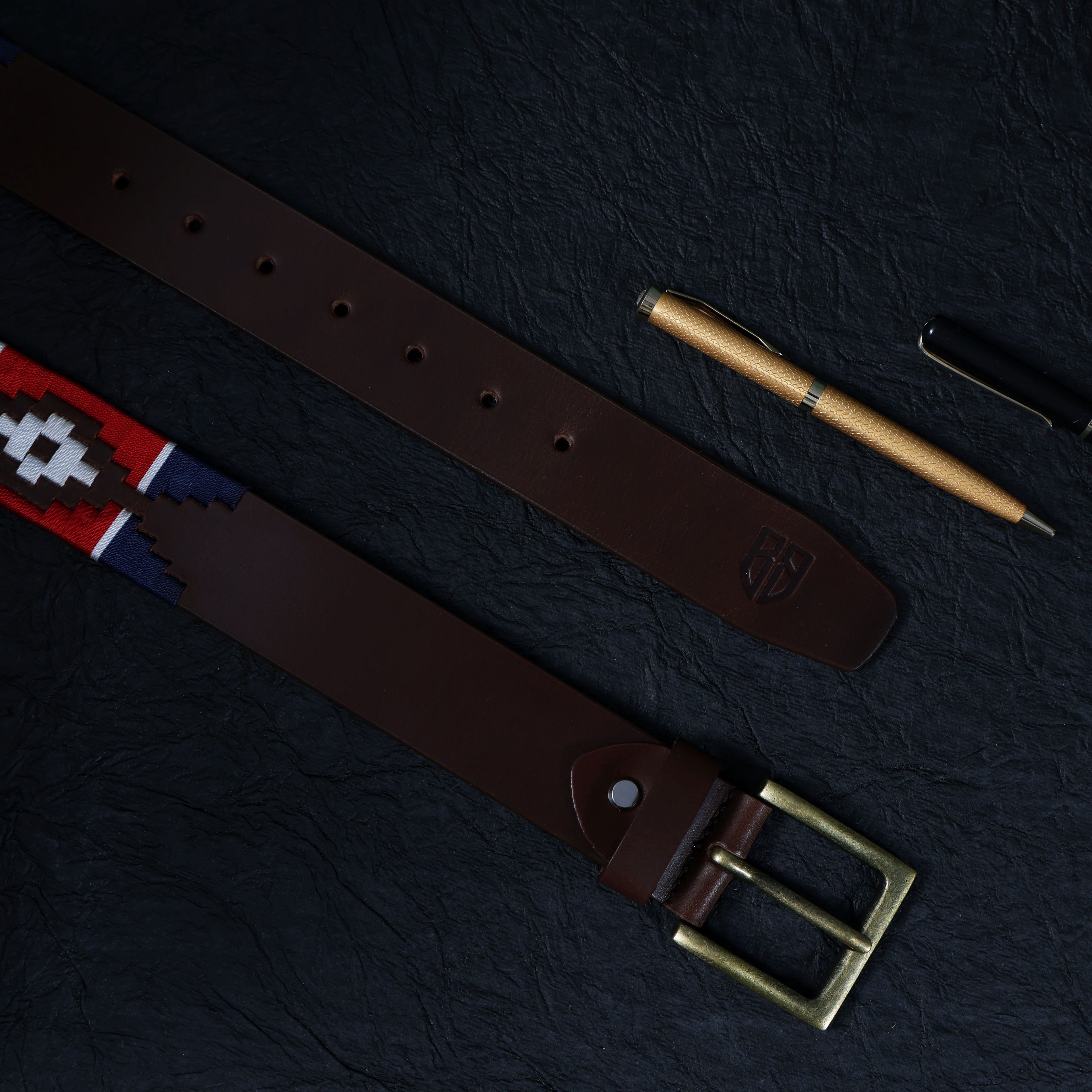 Hand-Embroidered Polo Belt – Premium Full-Grain Leather with Navy, Red, and White embroidered