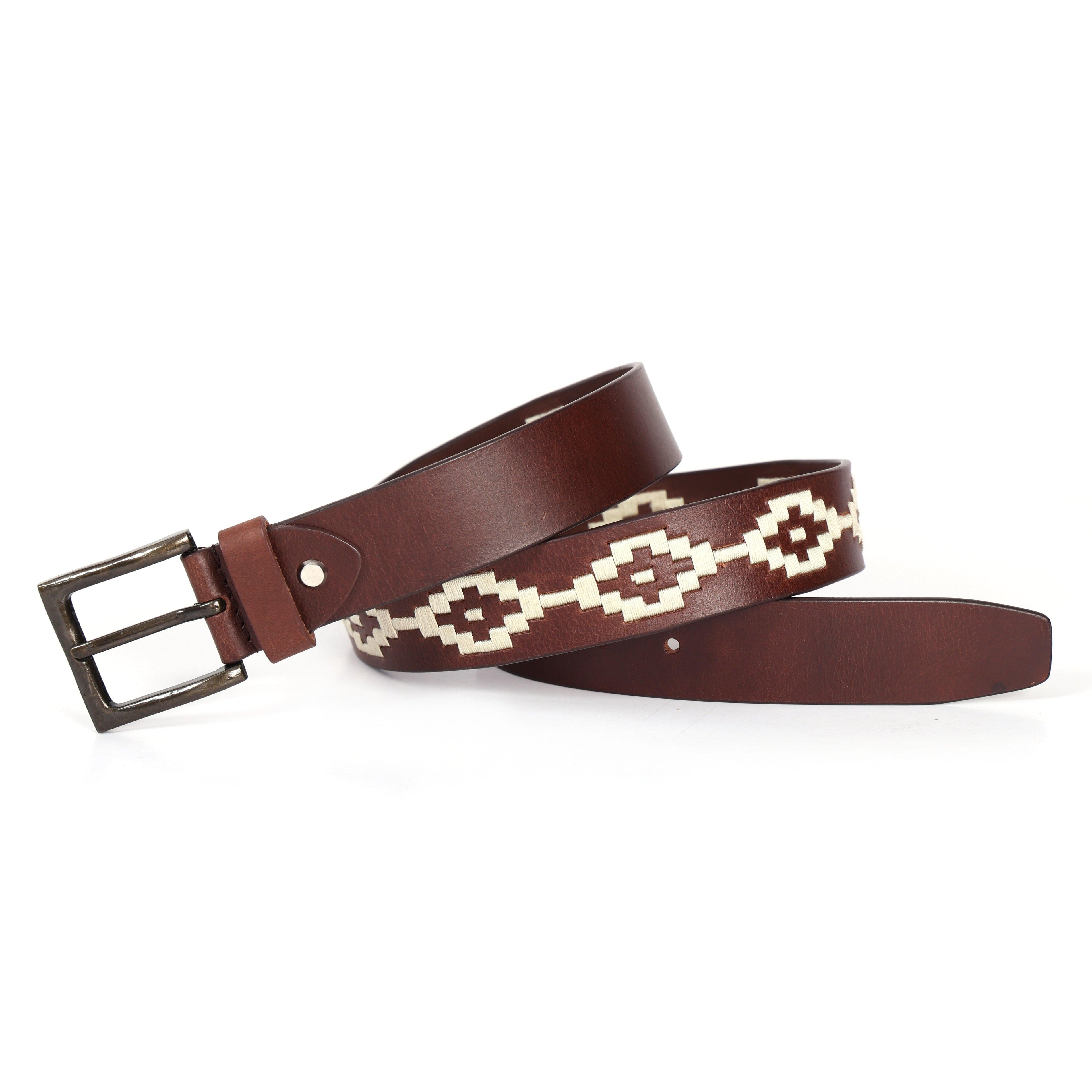 Brown Polo Leather Belt with Cream Stitching & Classic Antique Buckle