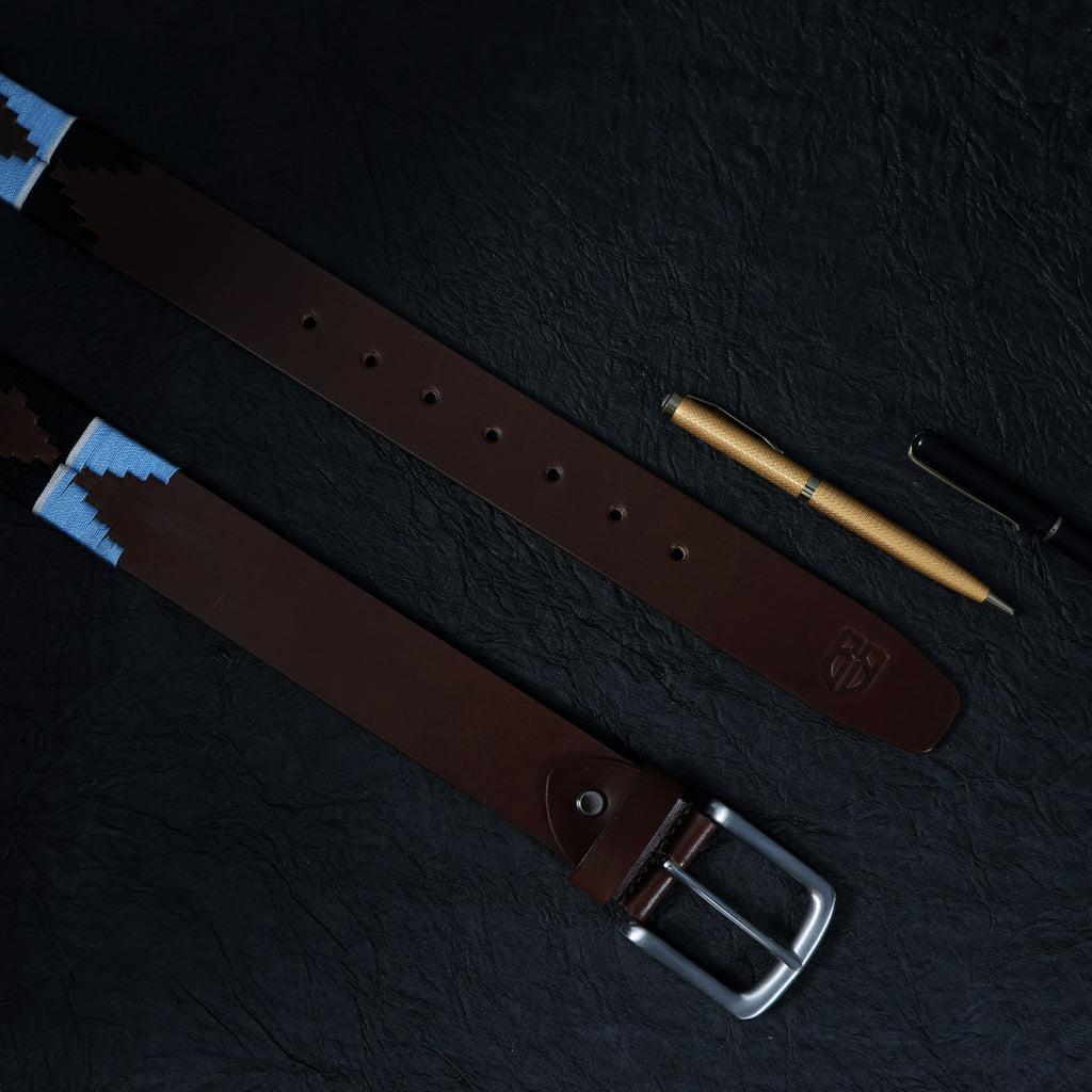 Brown Polo Leather Belt with Blue and Black Stitching & Silver Buckle