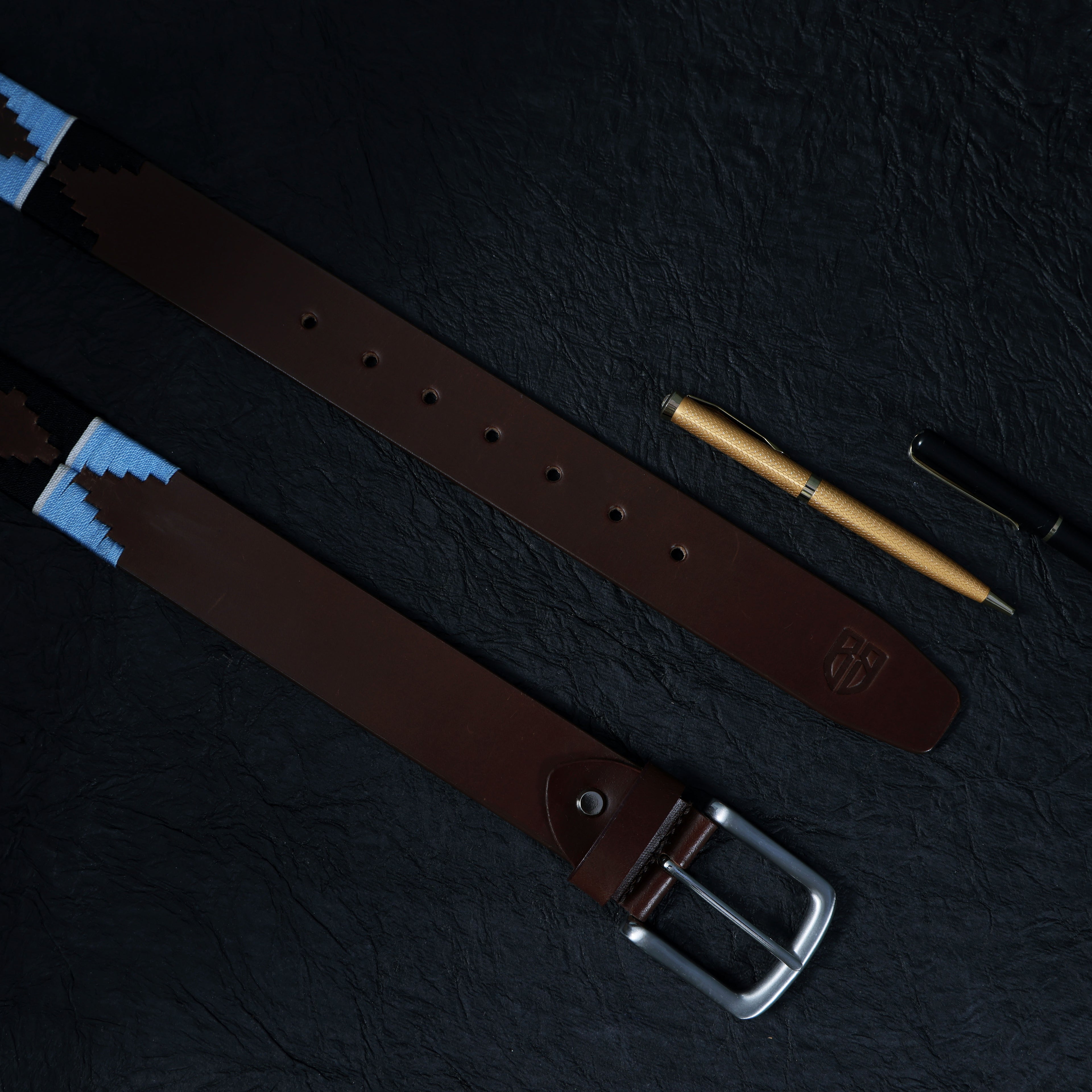 Brown Polo Leather Belt with Blue and Black Stitching & Silver Buckle