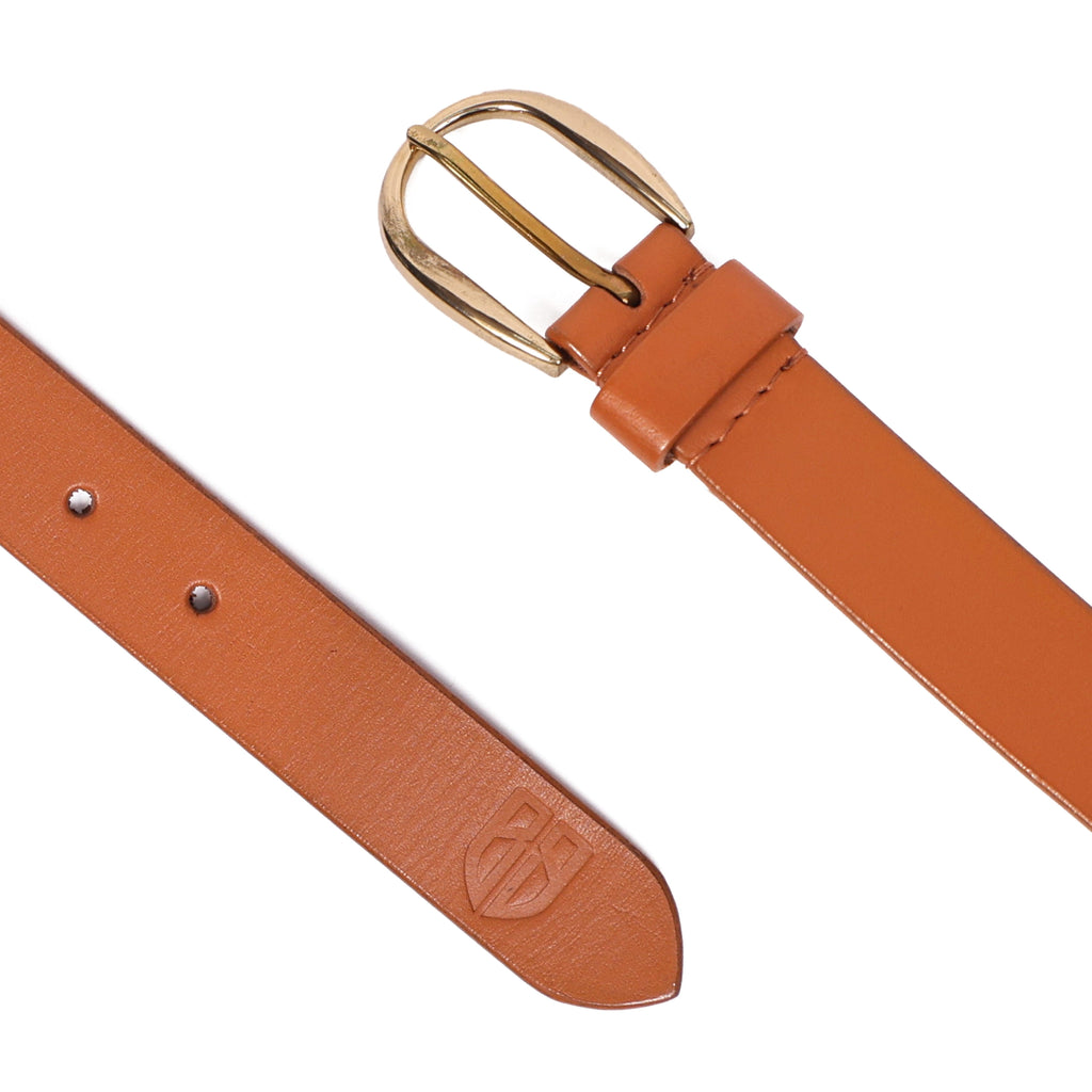 Tan Leather Belt for Women with Golden Buckle