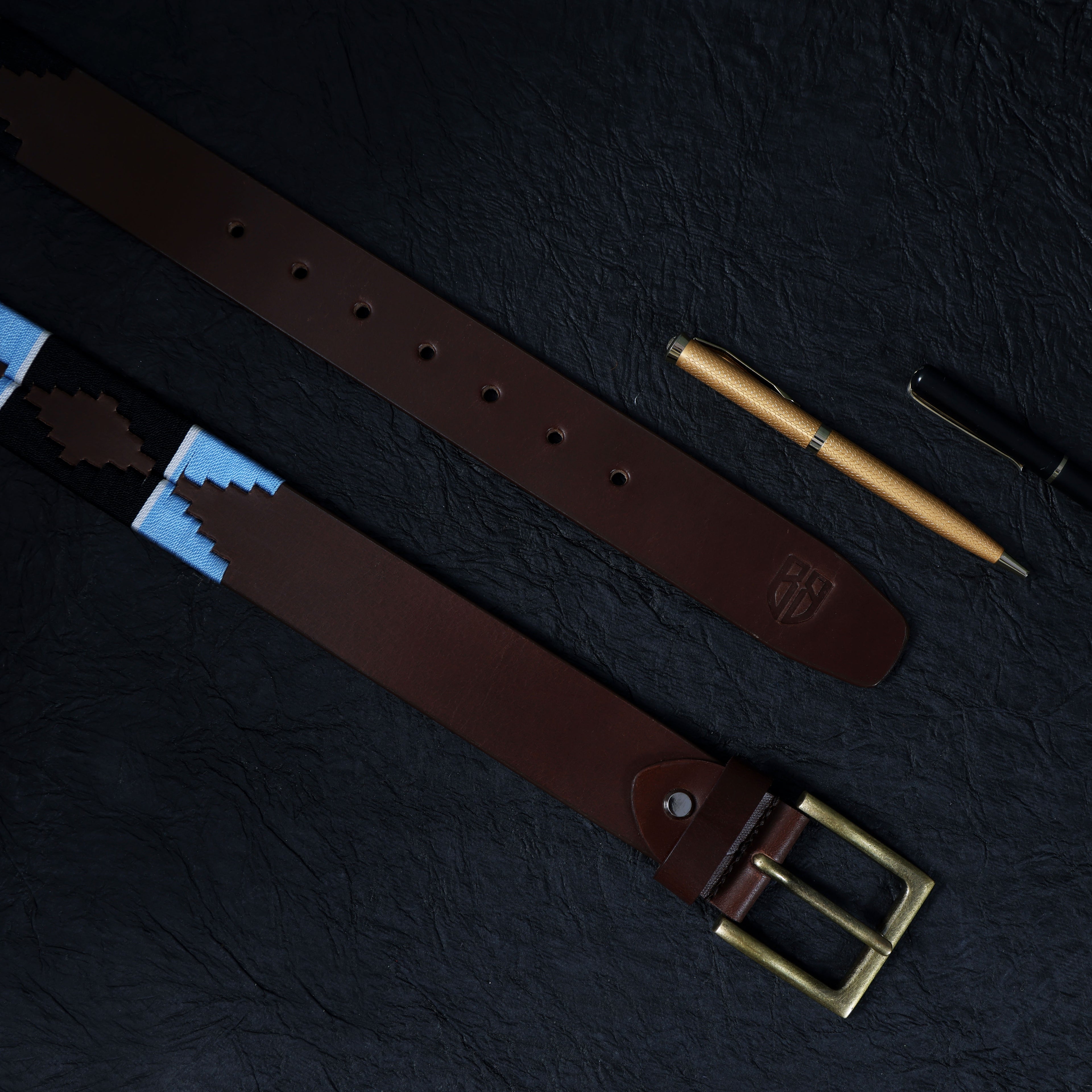 Brown Polo Leather Belt with Blue and Black Stitching & Golden Buckle