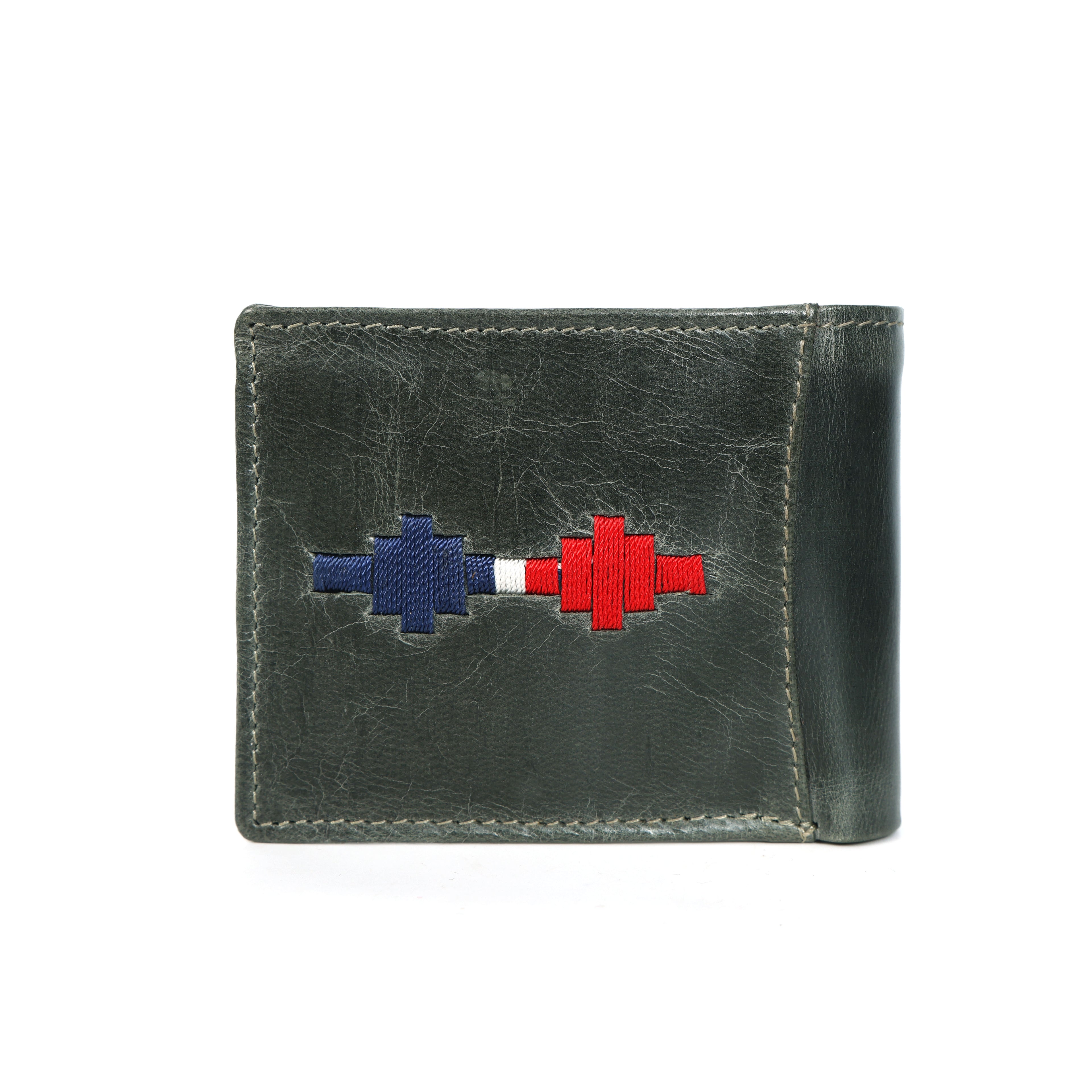 Handmade Leather Gaucho (Polo) Wallet – Vintage Olive Green Bifold with Red & Blue Argentine Embroidery
