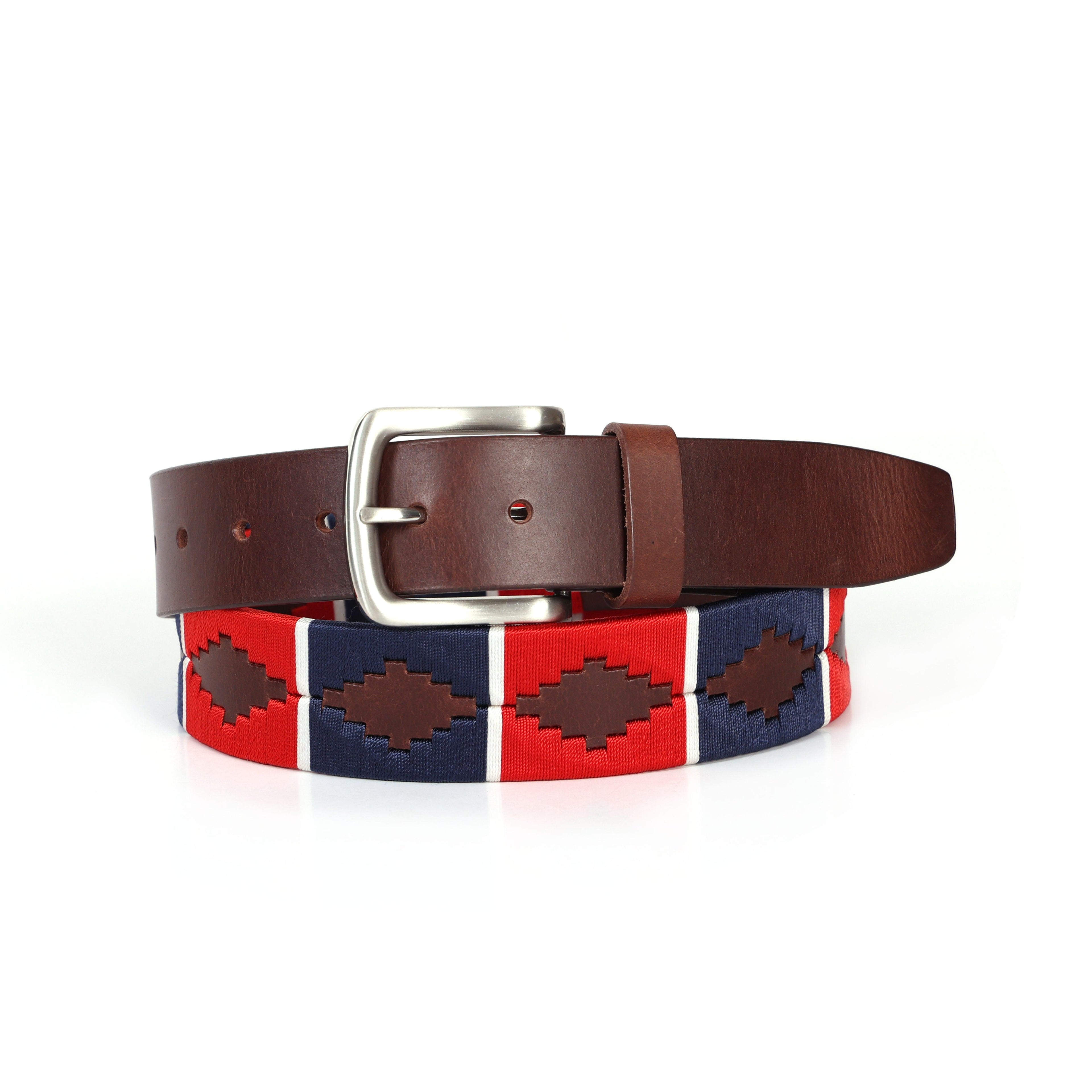 Brown Polo Leather Belt with Red and Blue Stitching and Classic Silver Buckle