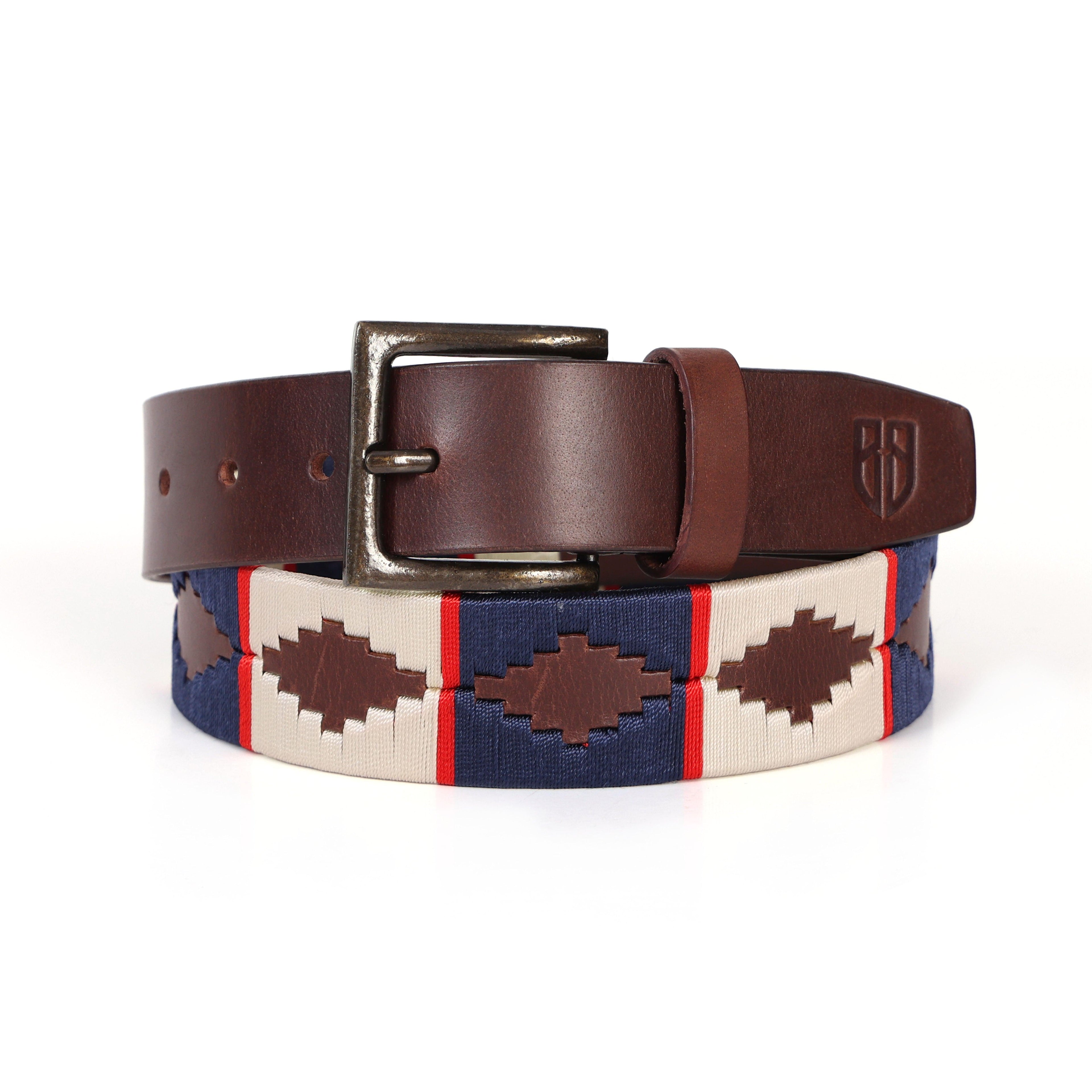 Brown Polo Leather Belt with Cream, Blue, and Red Stitching & Classic Antique Buckle