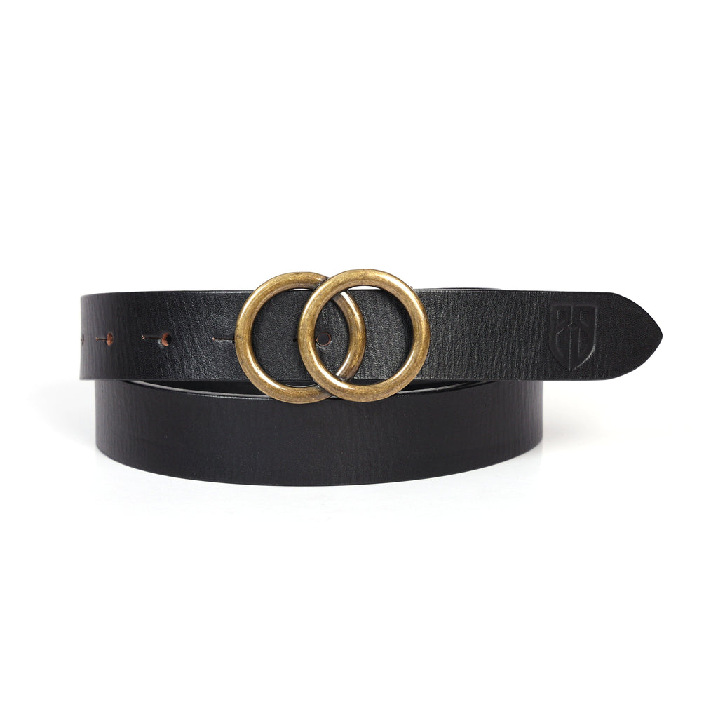 Black Leather Belt for Women with Round Antique Buckle
