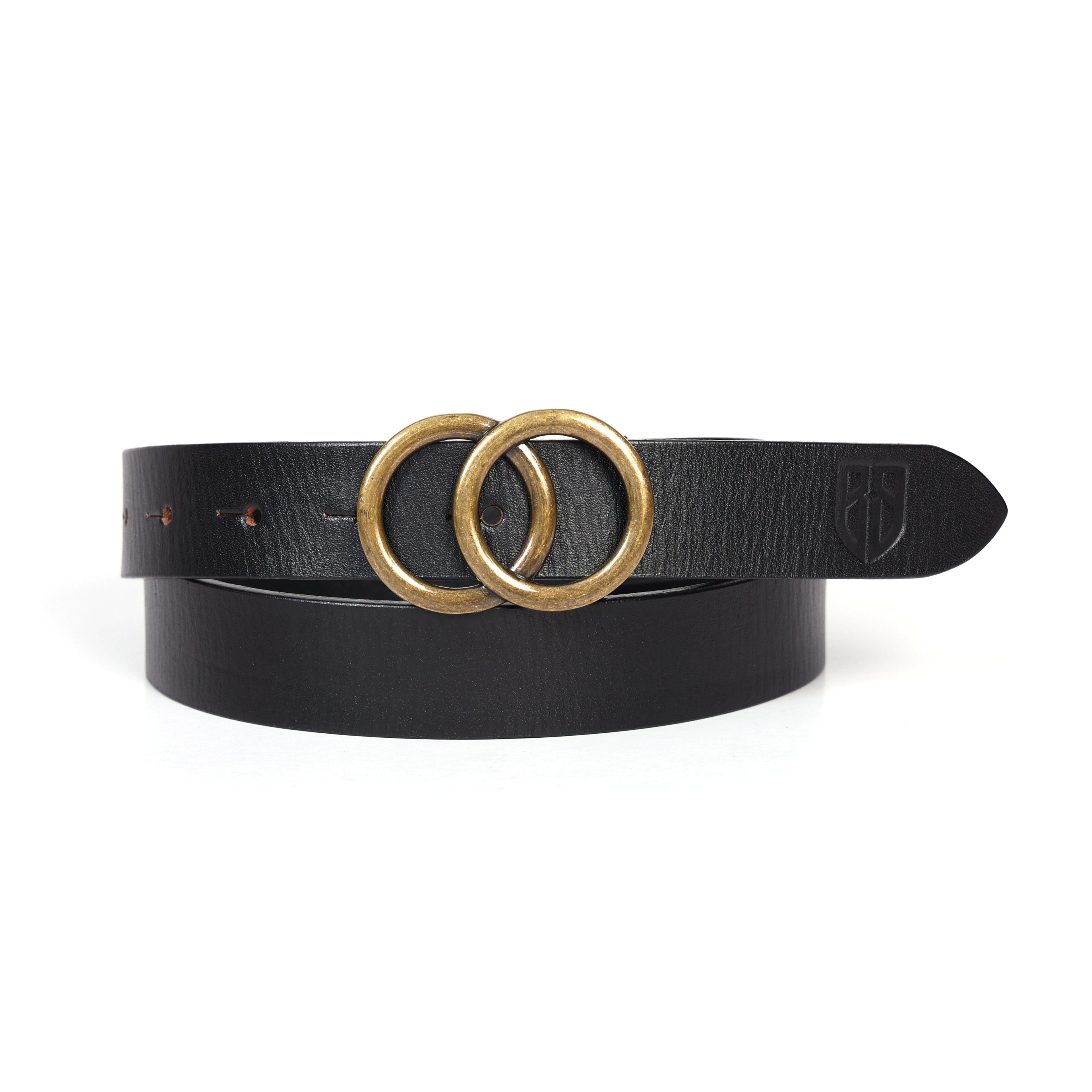 Black Leather Belt for Women with Round Antique Buckle
