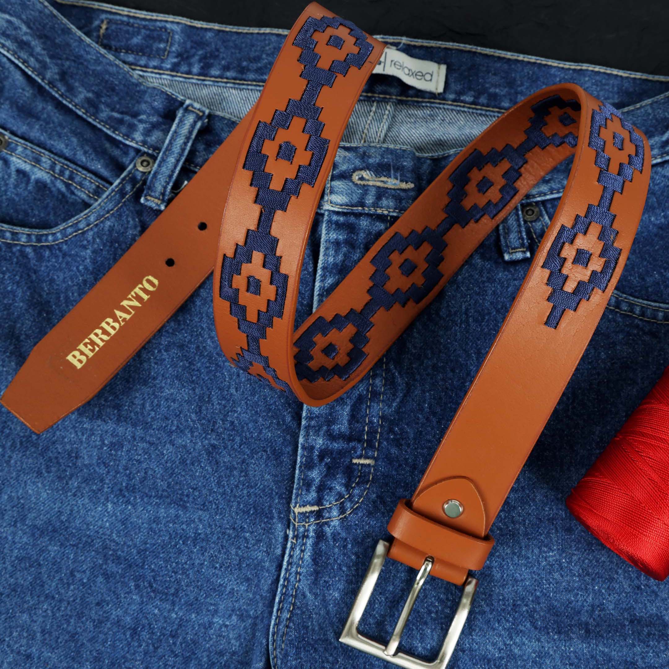 Berbanto Navy Blue Polo Belt – Hand-Embroidered on Premium Full-Grain Tan Leather