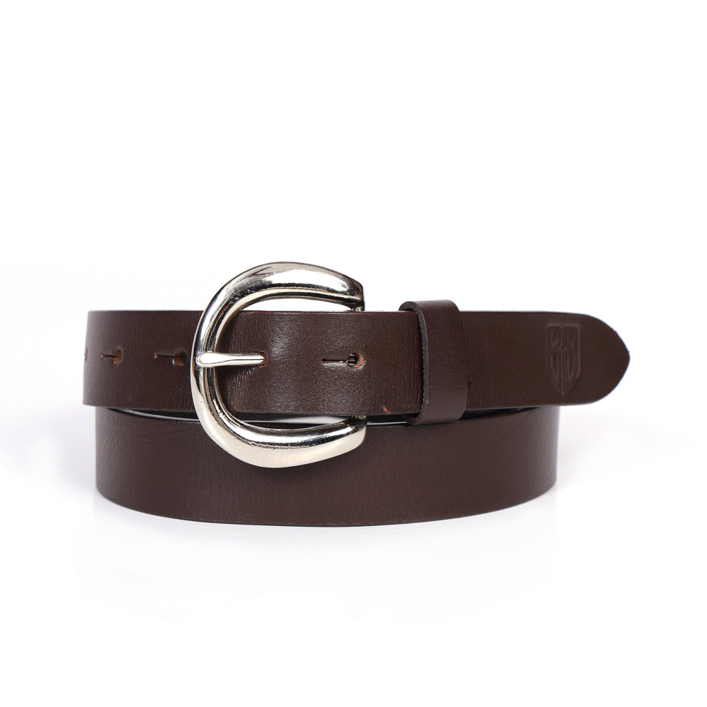 Brown Leather Belt for Women with Silver Round Buckle