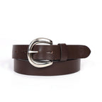 Brown Leather Belt for Women with Silver Round Buckle