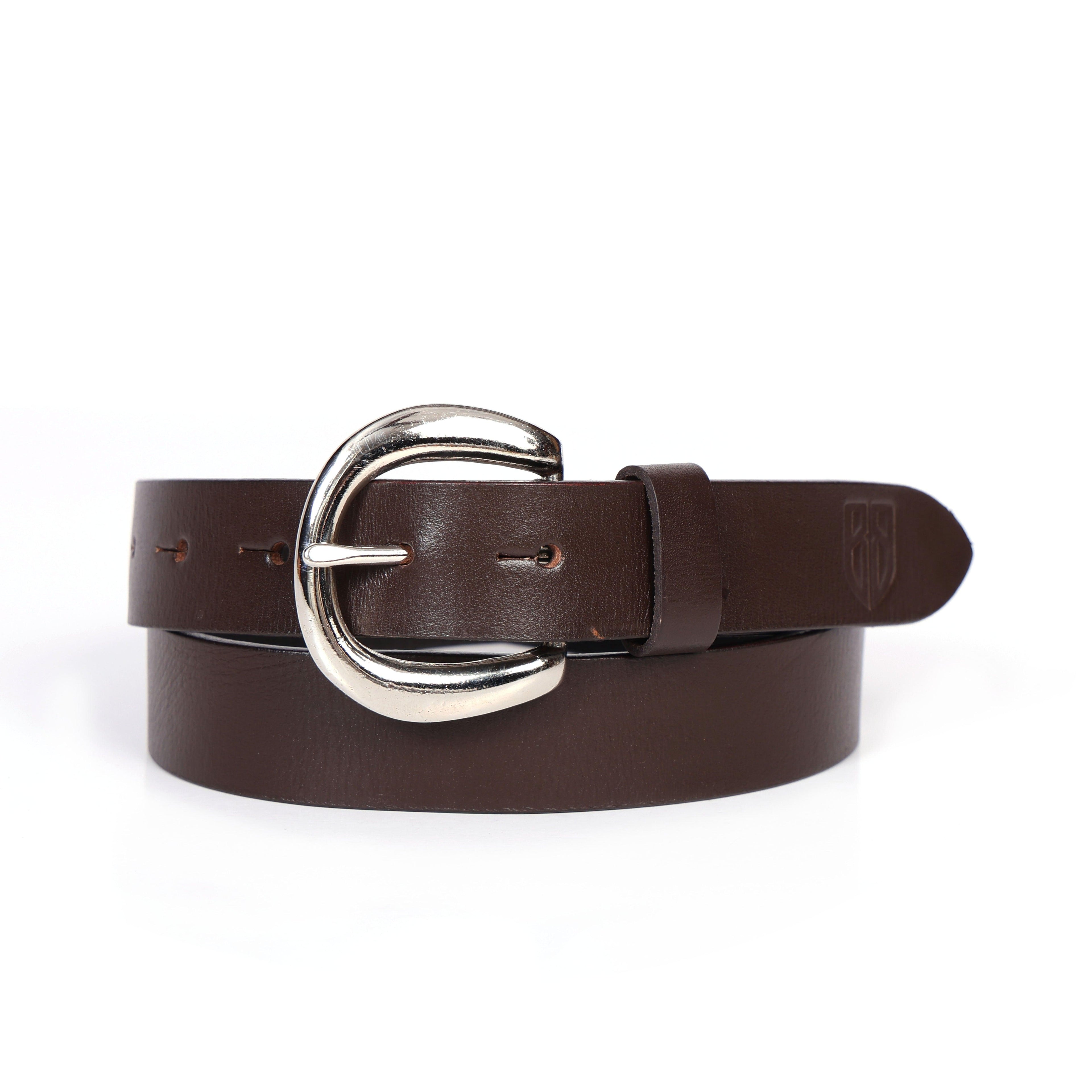 Brown Leather Belt for Women with Silver Round Buckle