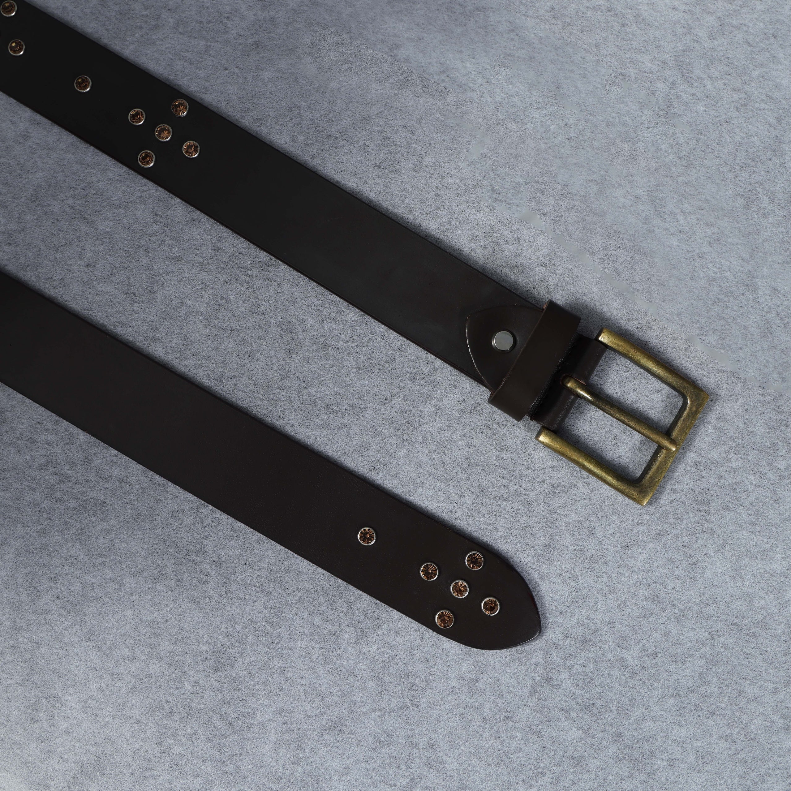 Men’s Brown Leather Belt with Antique Brass Buckle & Metal Studs – Premium Designer Rock Style Belt
