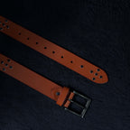 Men’s Tan Leather Belt with Antique Brass Buckle & Black Metal Studs – Stylish Vintage Rock Belt