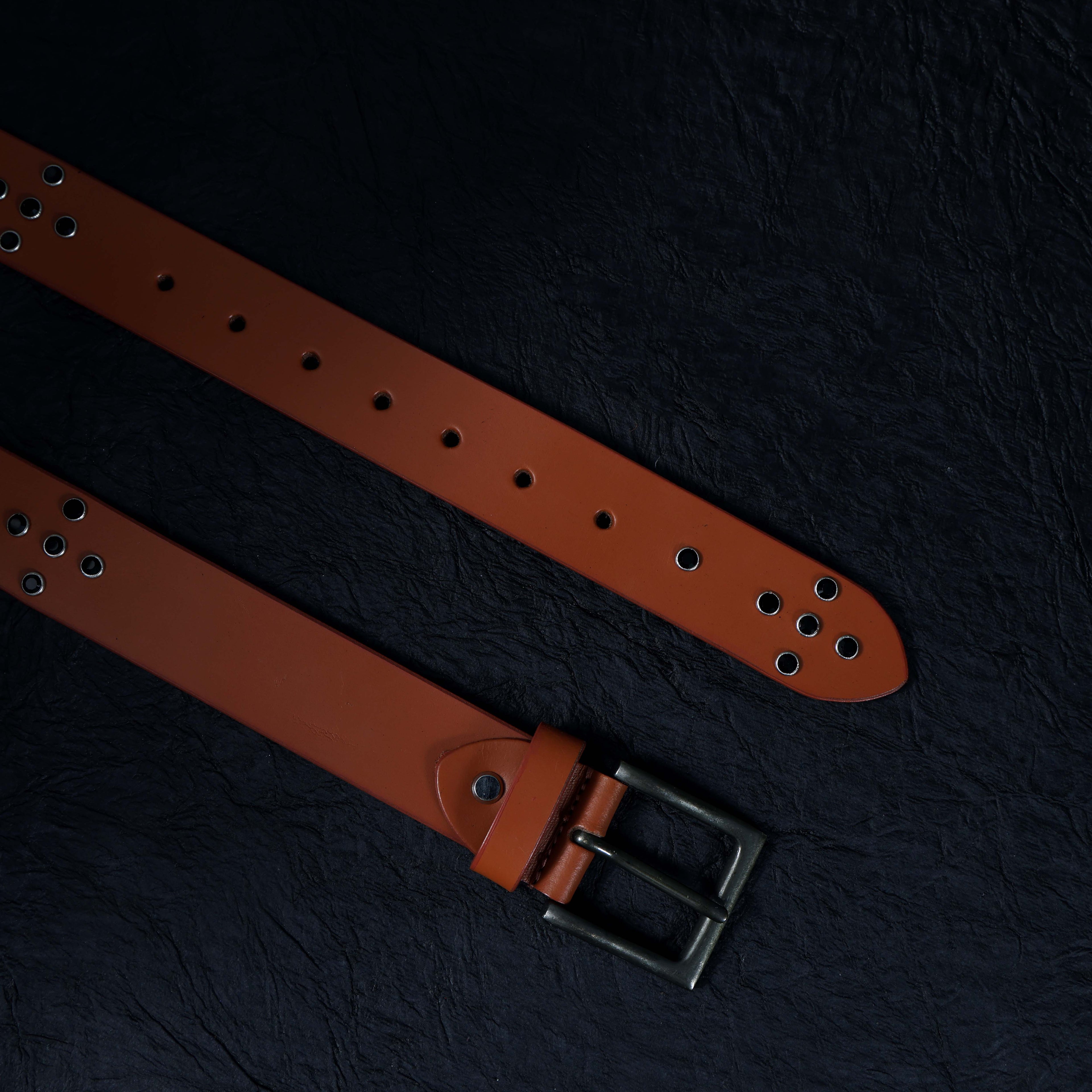 Men’s Tan Leather Belt with Antique Brass Buckle & Black Metal Studs – Stylish Vintage Rock Belt