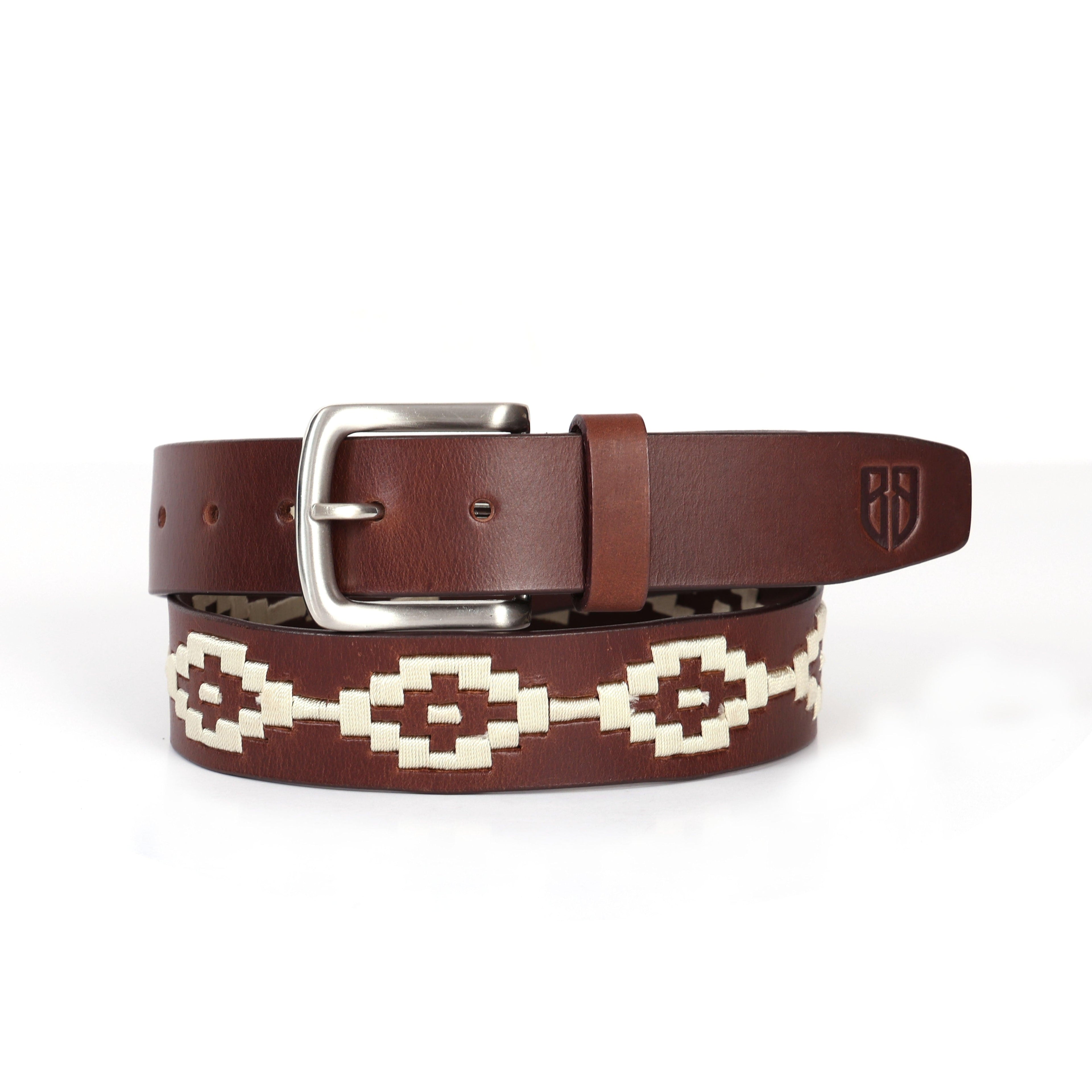 Brown Polo Leather Belt with Cream Stitching & Classic Silver Buckle