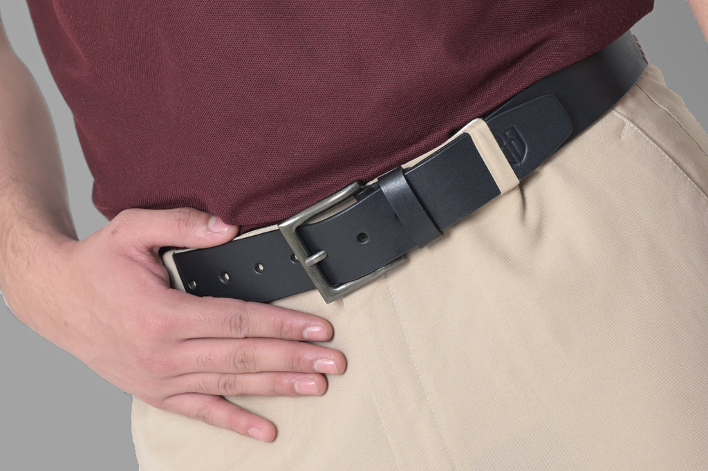 Black Polo Leather Belt with Red and White Stitching & Antique Buckle