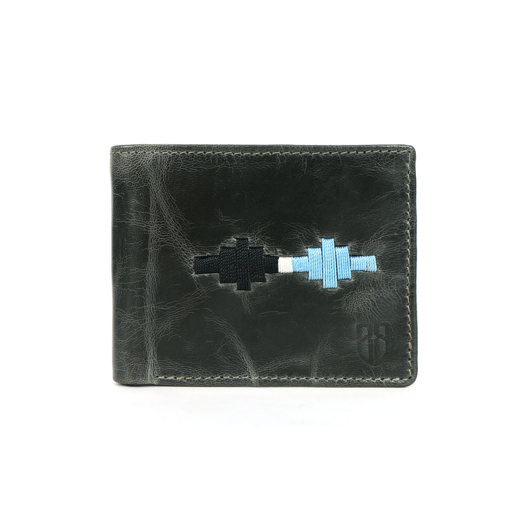 Handcrafted Gaucho Leather Wallet – Dark Olive Bifold with Blue & Black Patagonian Embroidery