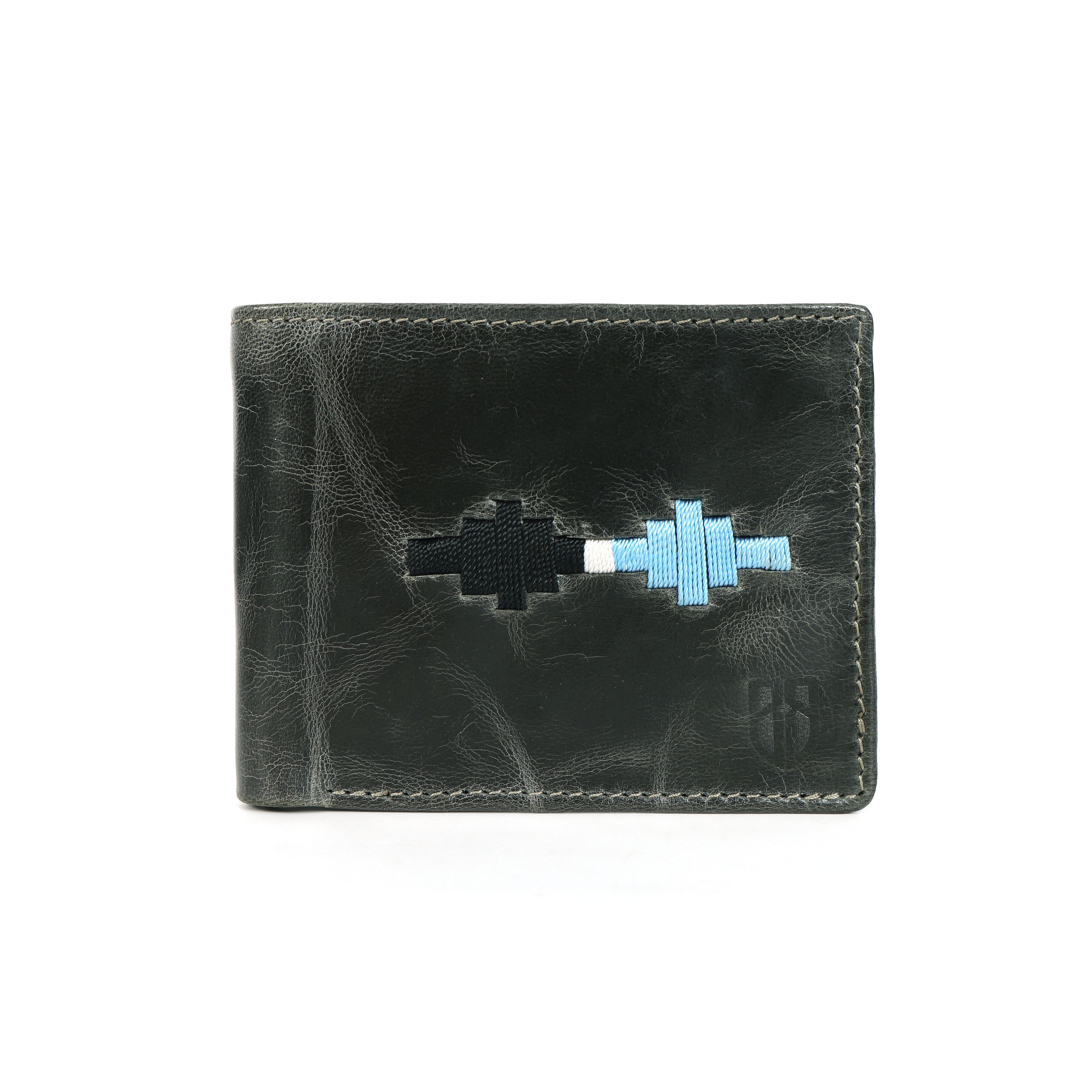 Handcrafted Gaucho Leather Wallet – Dark Olive Bifold with Blue & Black Patagonian Embroidery
