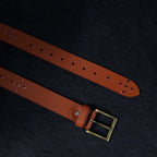 Men’s Tan Leather Studded Belt with Red Metal Rivets & Antique Brass Buckle – Vintage Rockstar Belt