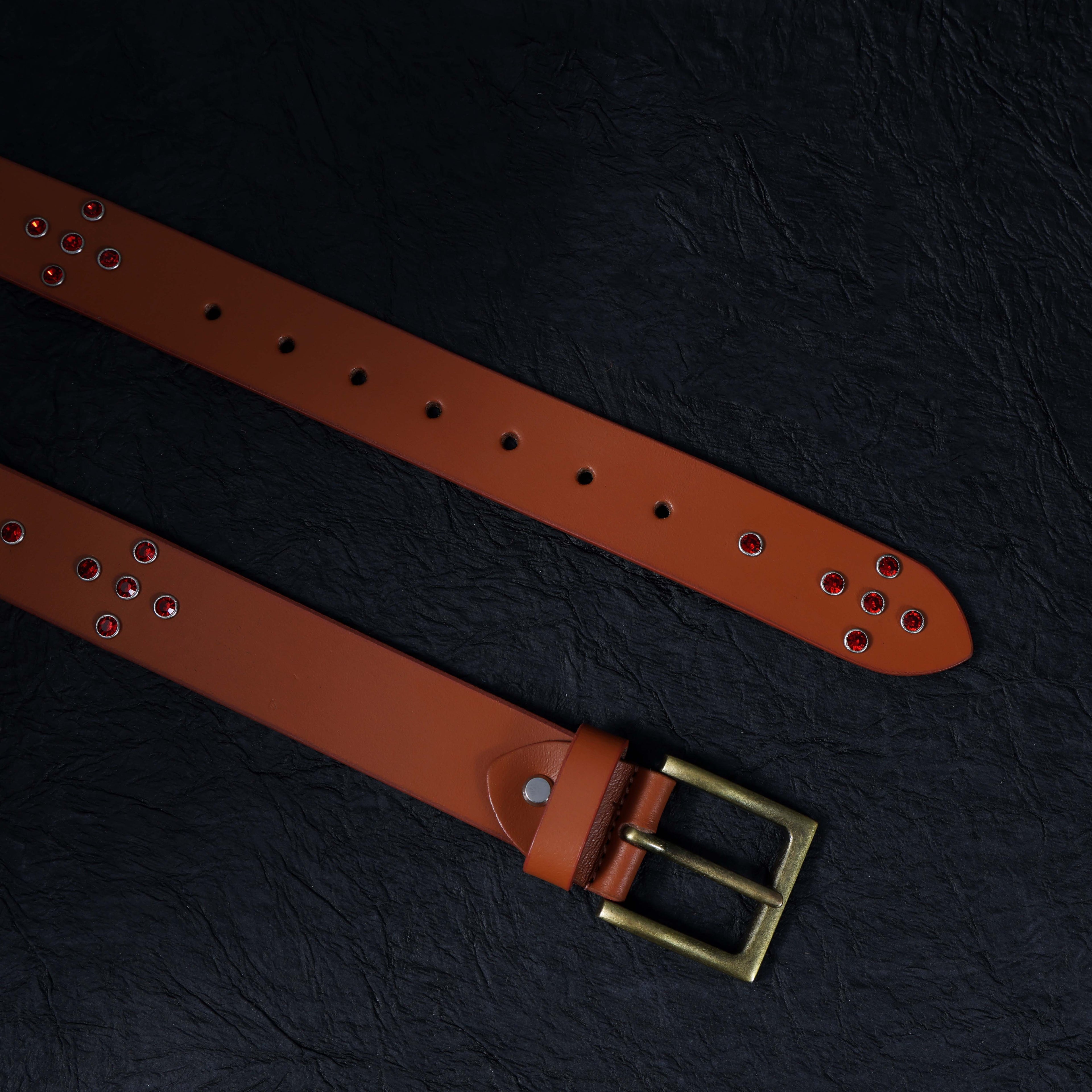 Men’s Tan Leather Studded Belt with Red Metal Rivets & Antique Brass Buckle – Vintage Rockstar Belt