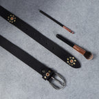 Black Studded Leather Belt for Women – Floral Western-Style Grommet Belt with Silver Buckle