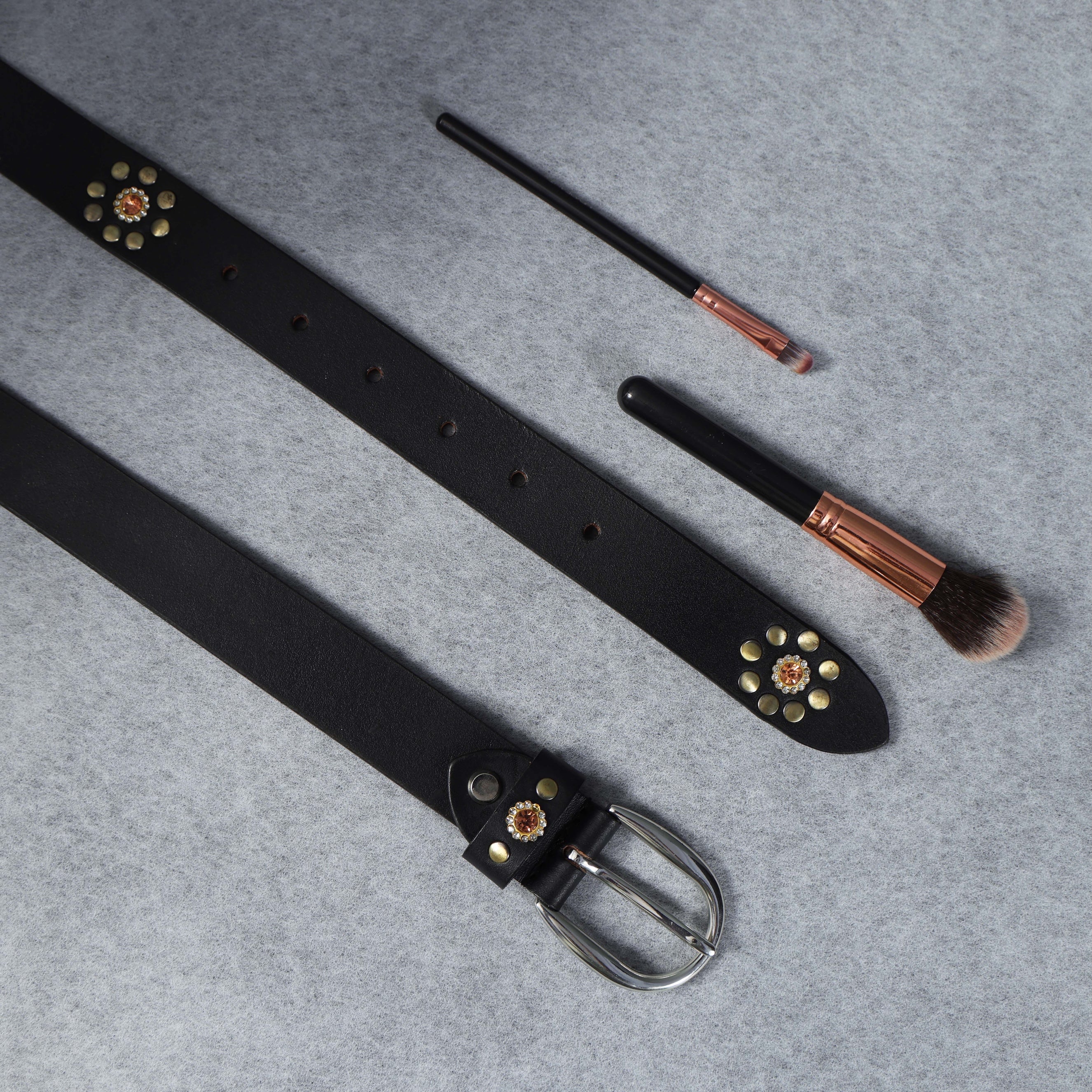 Black Studded Leather Belt for Women – Floral Western-Style Grommet Belt with Silver Buckle