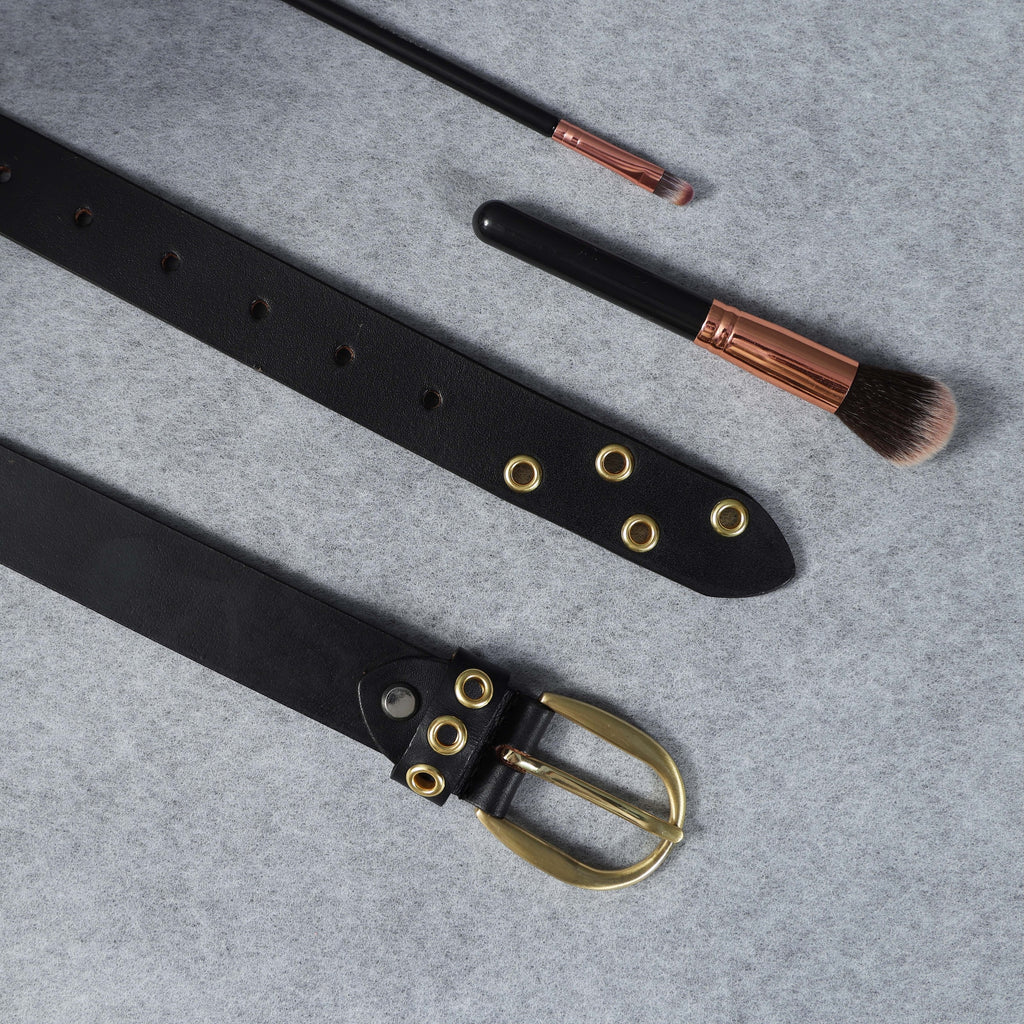 Women’s Black Leather Grommet Belt – Gold Eyelets & Chic Round Golden Buckle