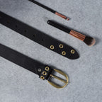 Women’s Black Leather Grommet Belt – Gold Eyelets & Chic Round Golden Buckle