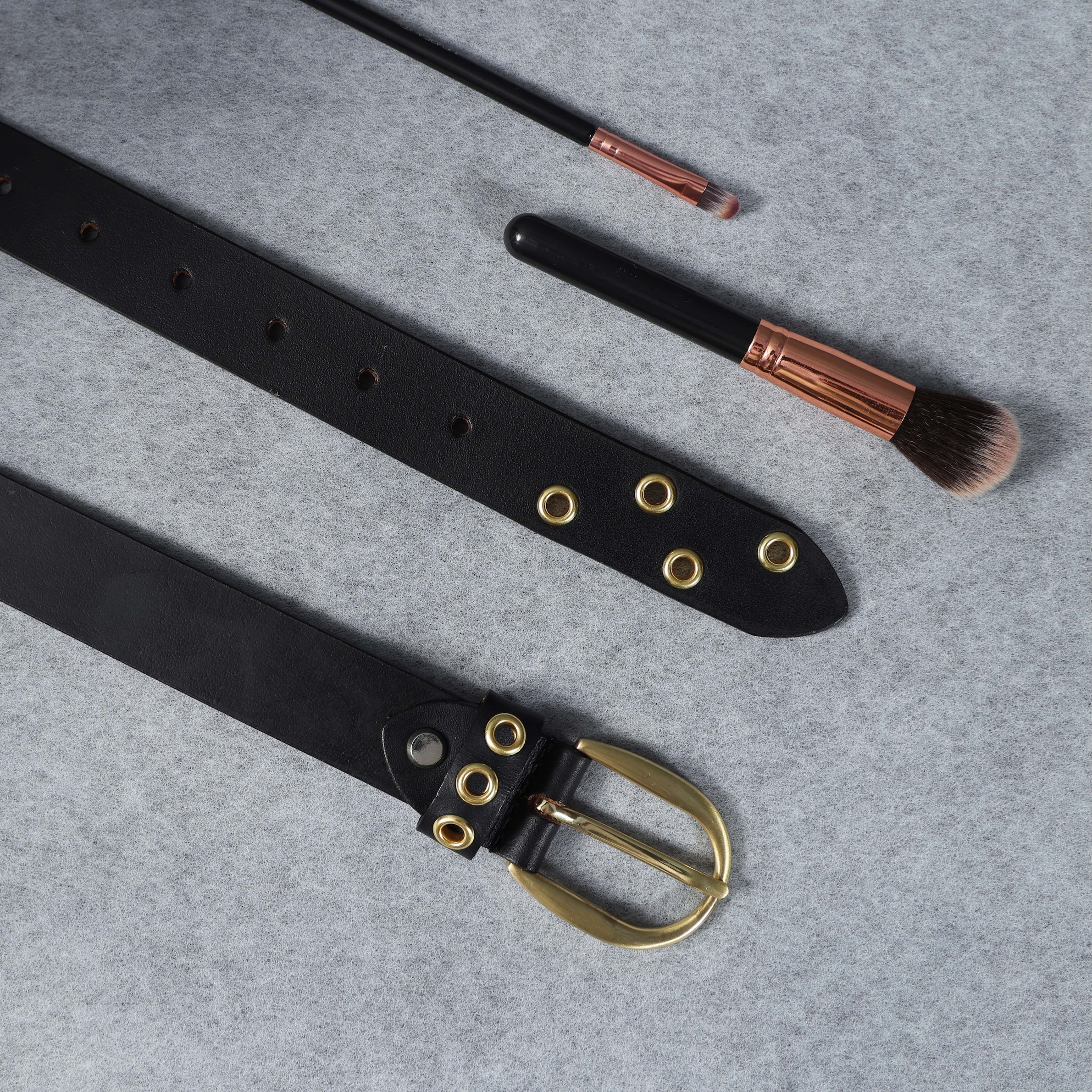 Women’s Black Leather Grommet Belt – Gold Eyelets & Chic Round Golden Buckle