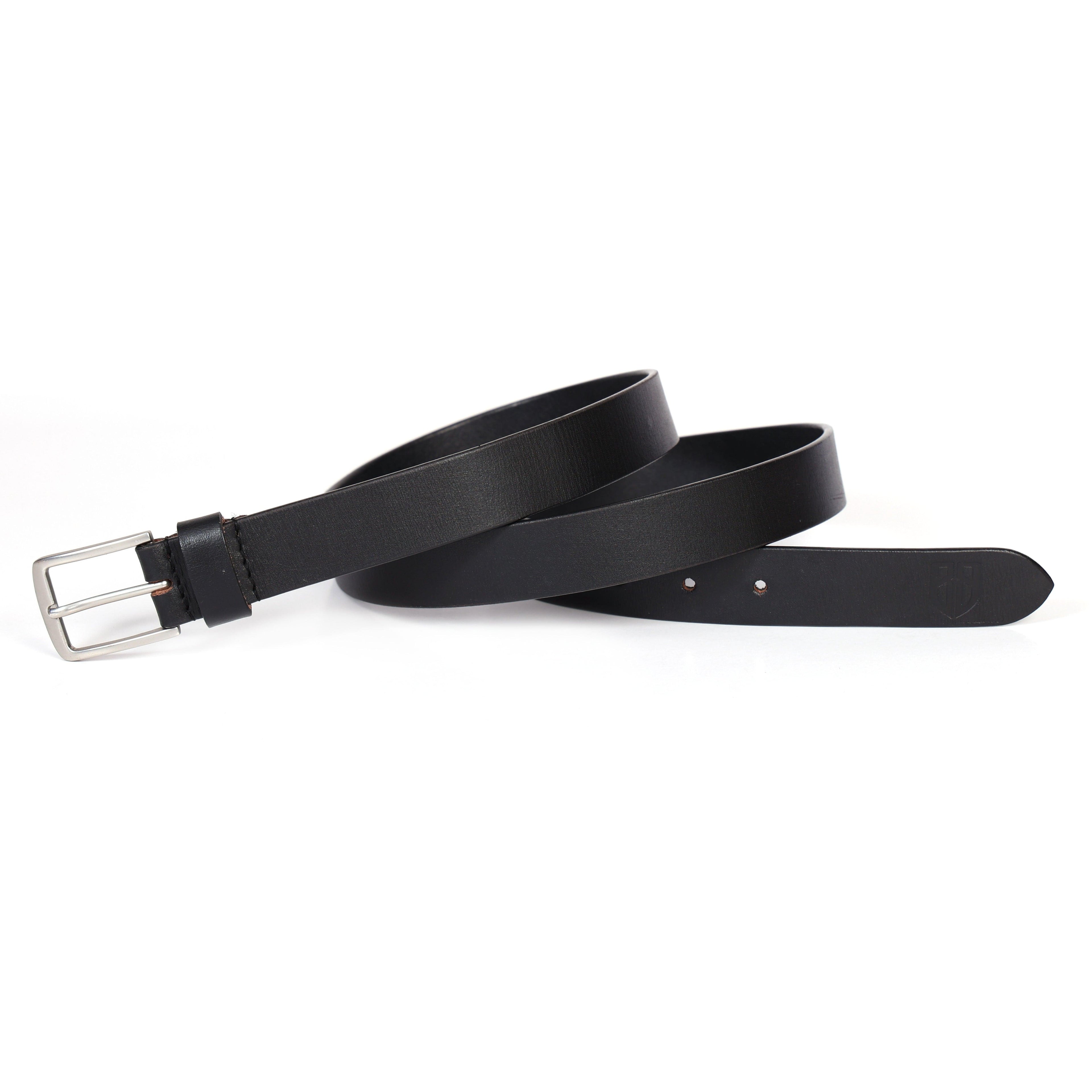 Black Leather Belt for Women with Matte Silver Buckle